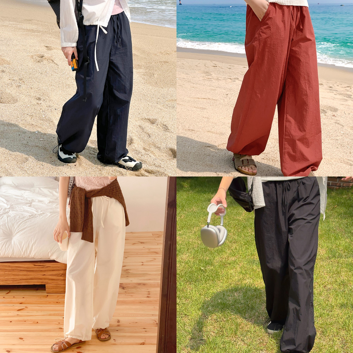 韓國grace muse授權 夏嶼微風尼龍抽繩褲口鬆緊寬褲