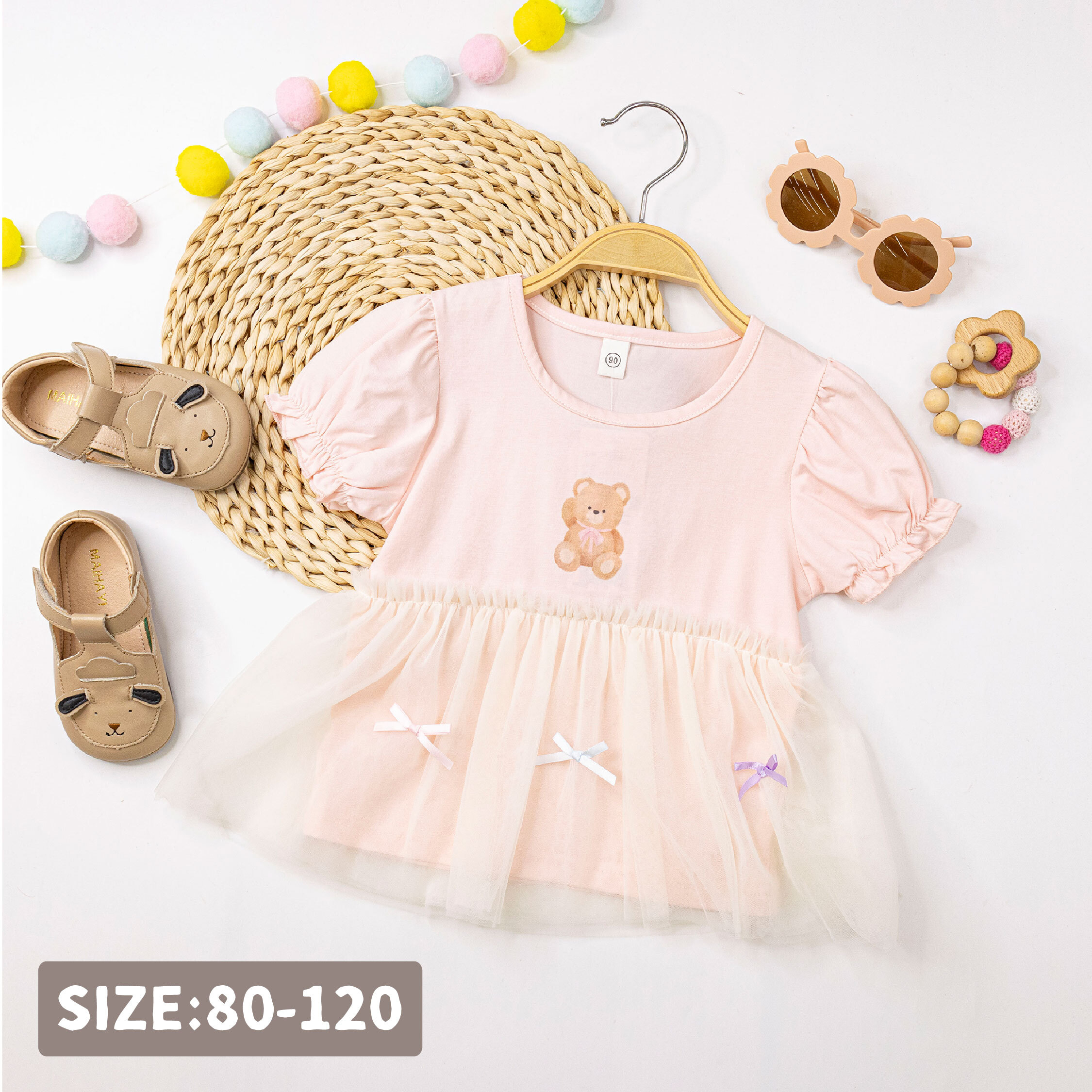 【H50509】小熊打招呼薄紗拼接上衣