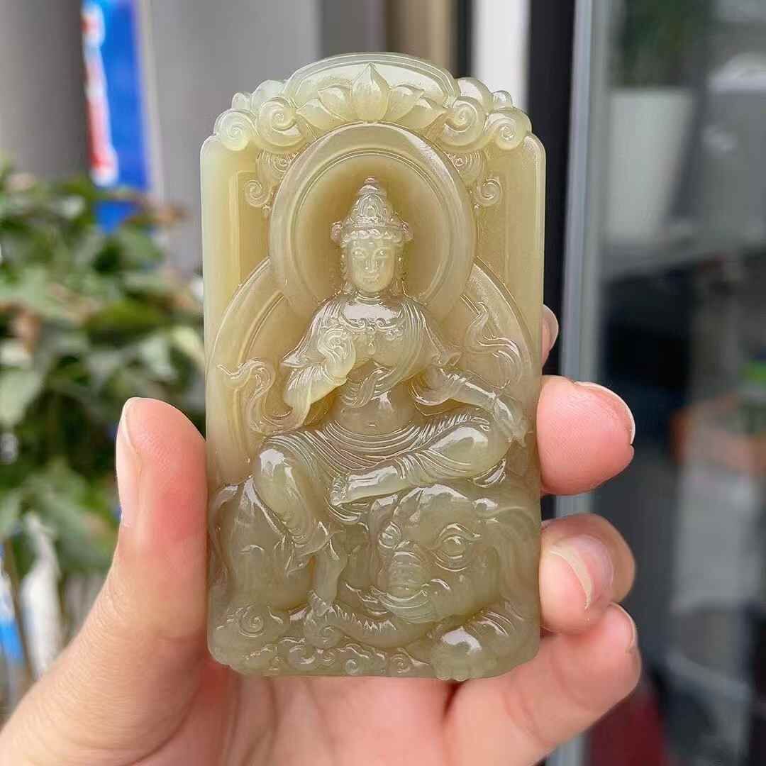 和田玉碧玉冰底糖料普賢掛件,天然和田玉軟玉