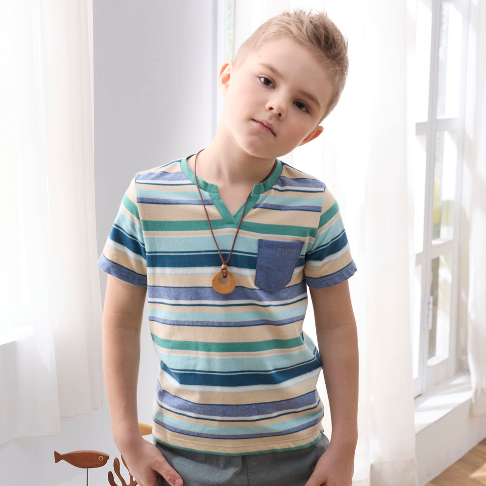 PIPPY 百搭細條V領棉質T恤上衣 藍綠