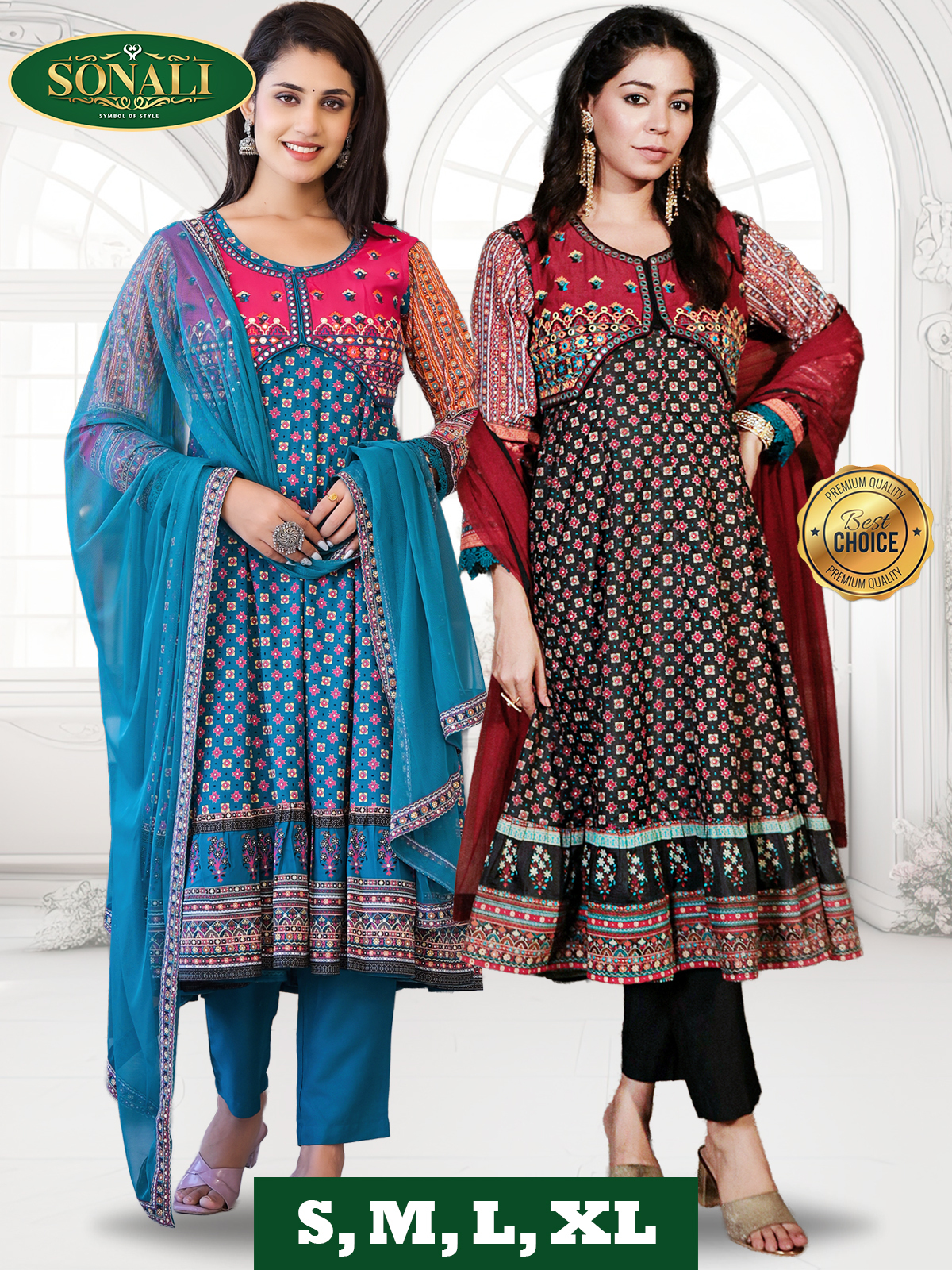 Sonali's Super Premier Quality Indian Wear Silk Fabric Viscose Embroidery Anarkali Dress and Designer Suits