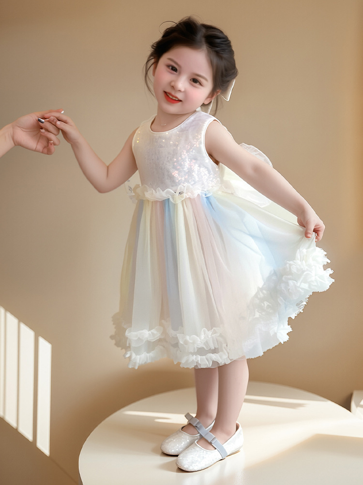 現貨出清 100cm 無袖亮面拼接彩色紗裙花邊洋裝 100-140cm 米白色