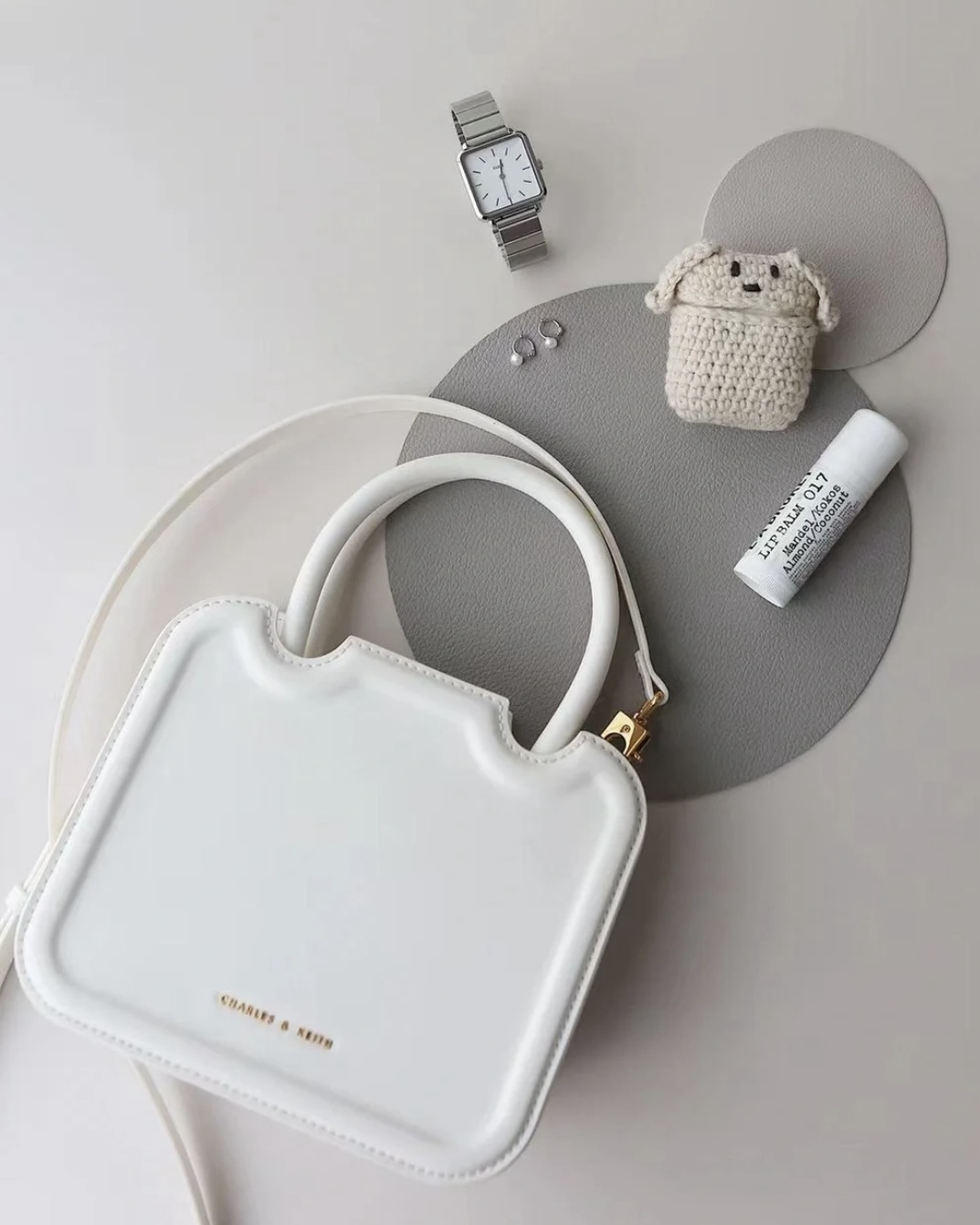 CHARLES & KEITH 小CK Perline 白色 硬殼手提包 肩揹包 餅乾包