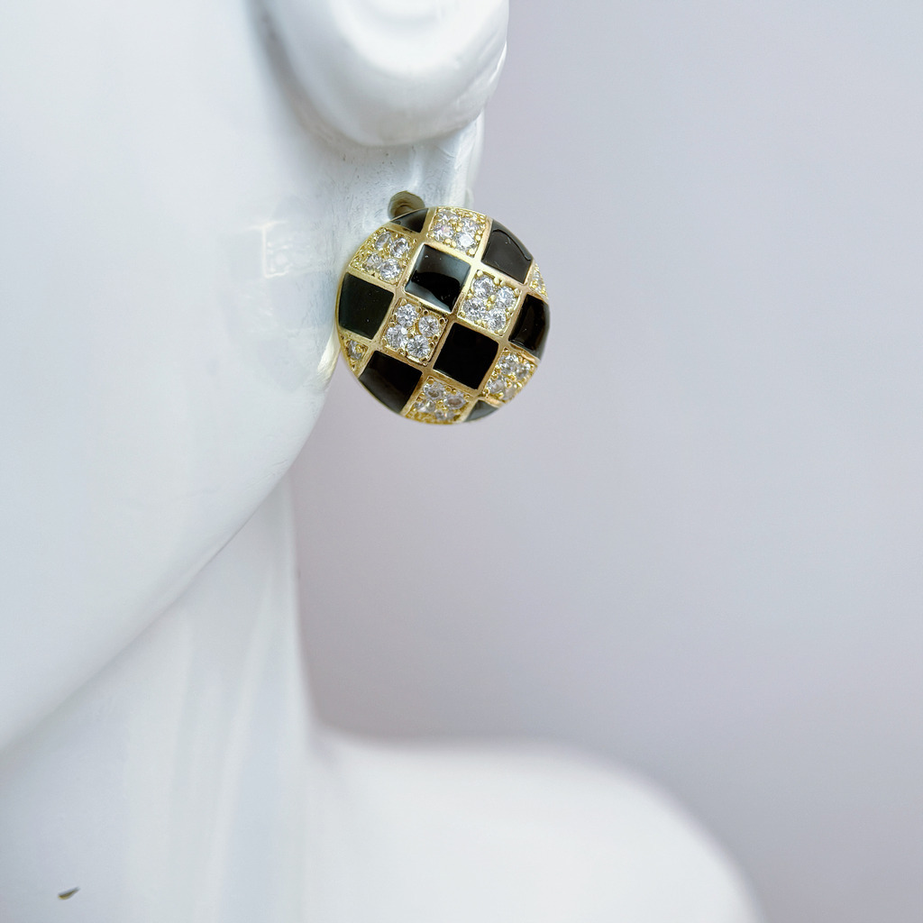 棋格琉璃圓球耳環