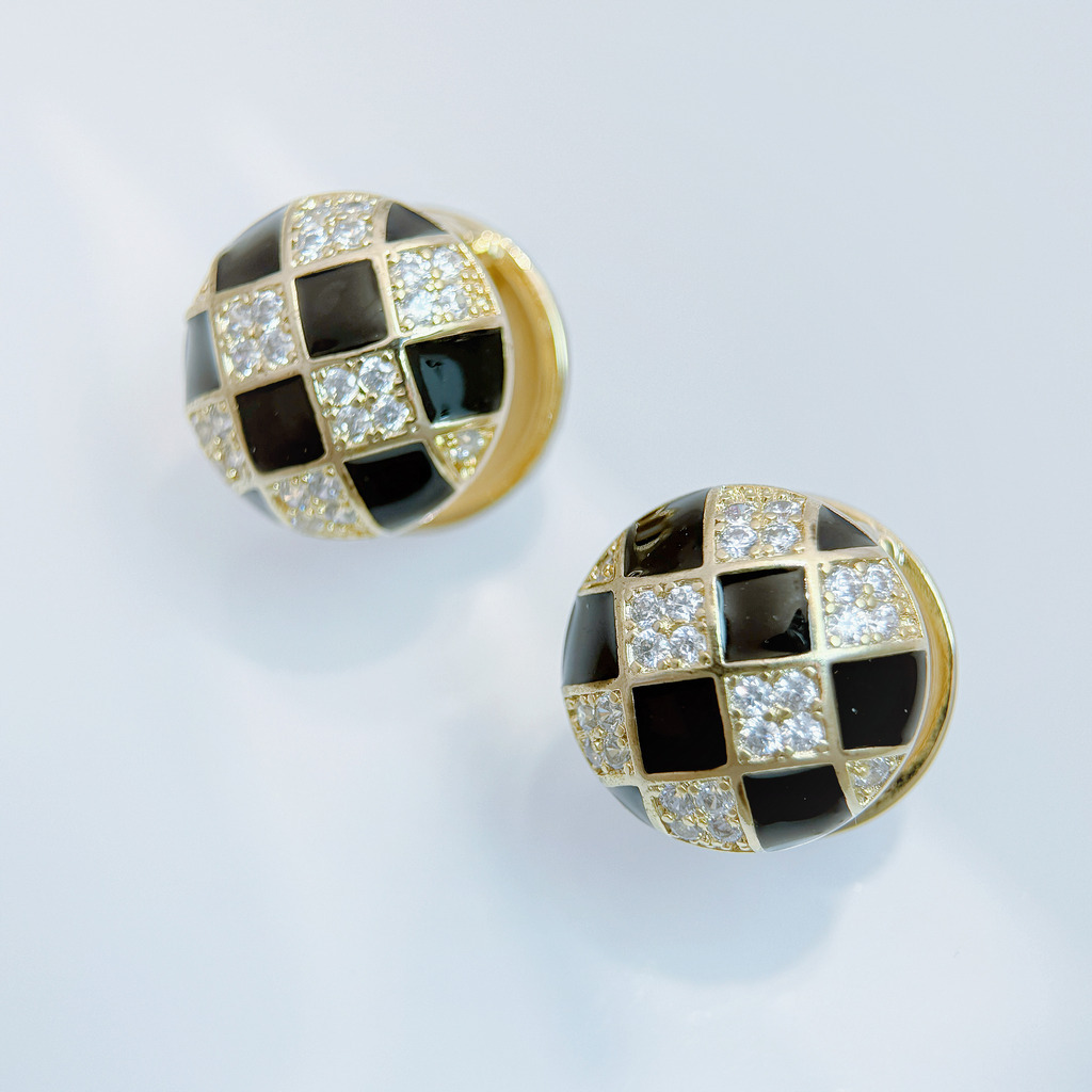 棋格琉璃圓球耳環