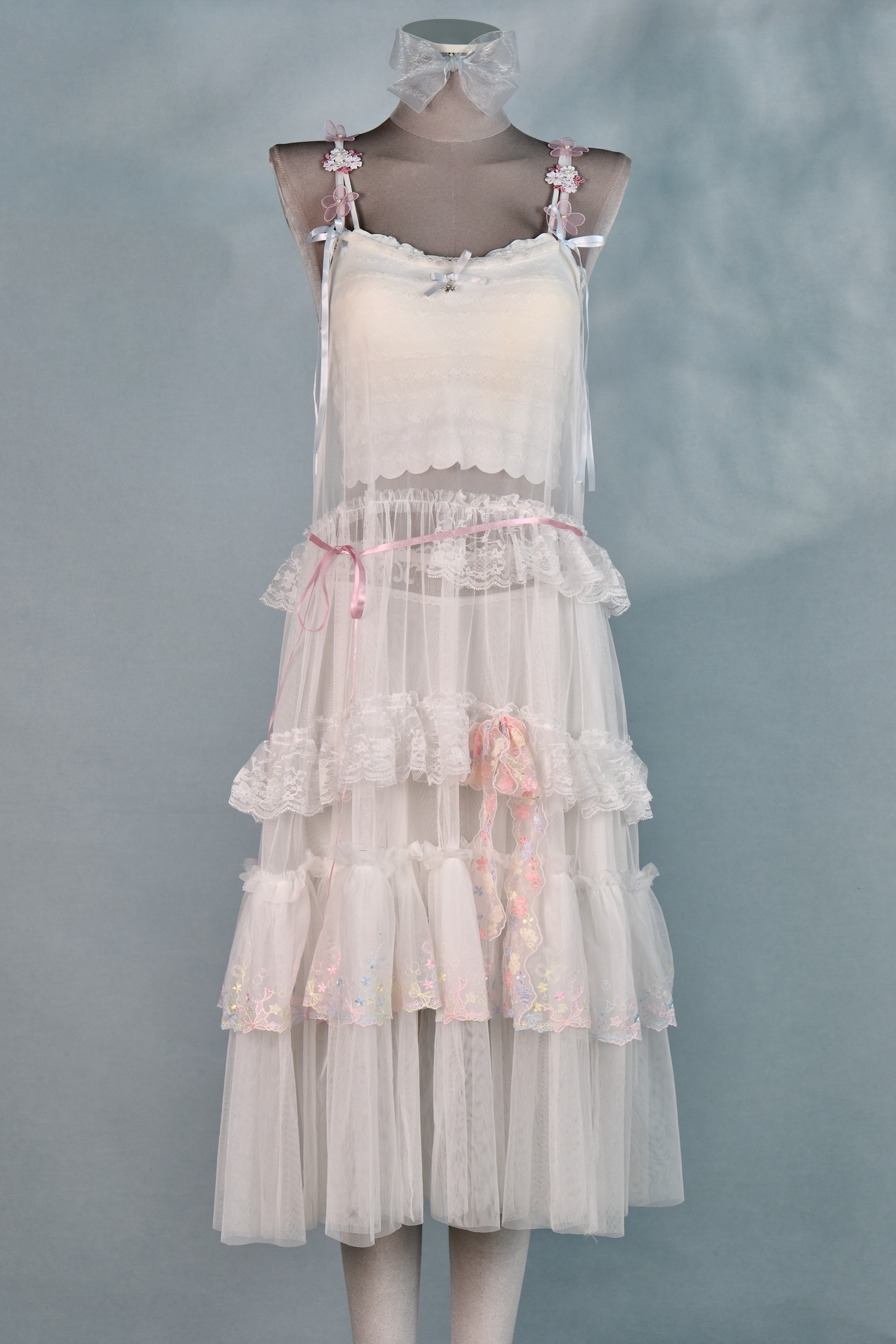 12337 Dreamy Embroidered Floral Shoulder Strap Sheer Suspender Long Dress