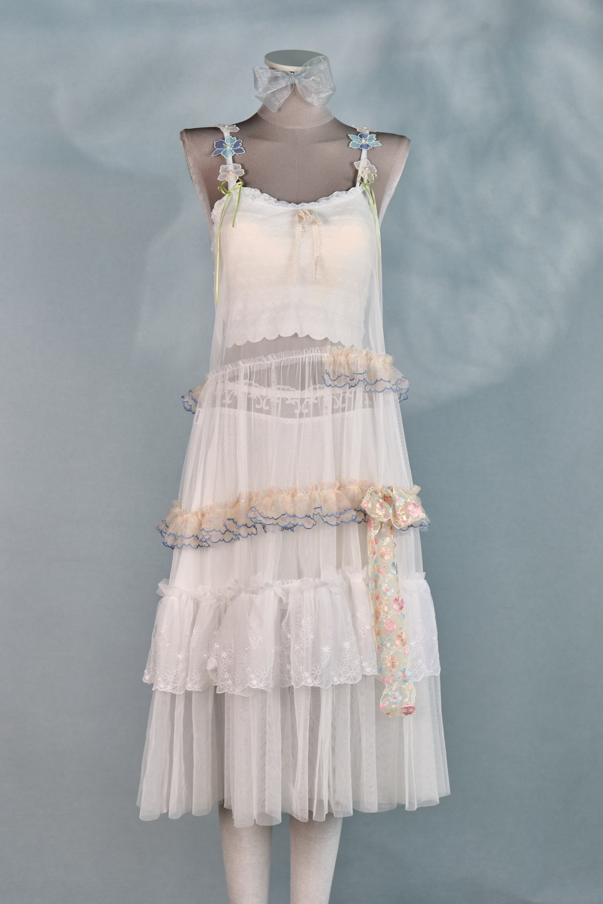 12338 Dreamy Embroidered Floral Shoulder Strap Sheer Suspender Long Dress