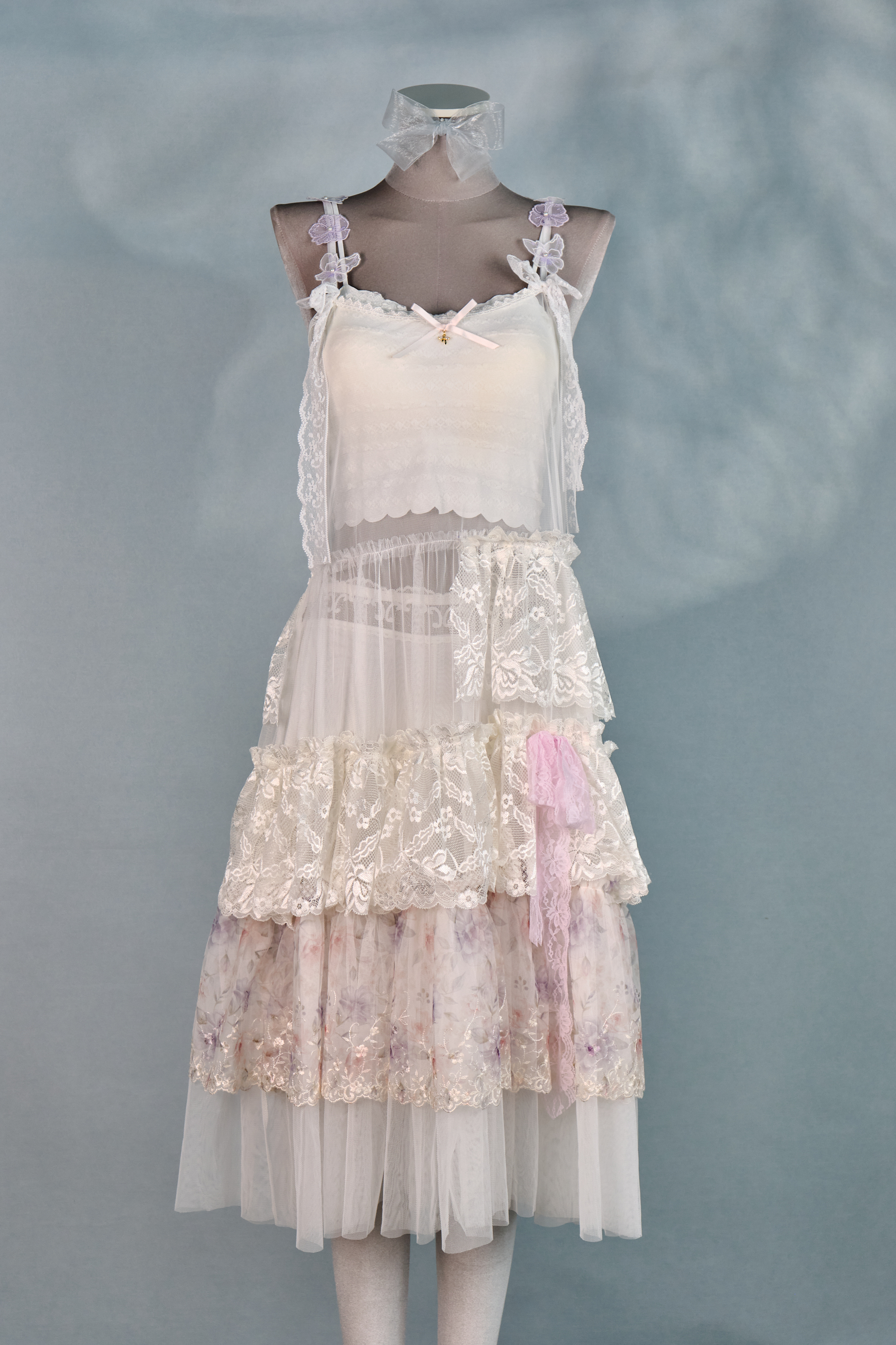 12339 Dreamy Embroidered Floral Shoulder Strap Sheer Suspender Long Dress