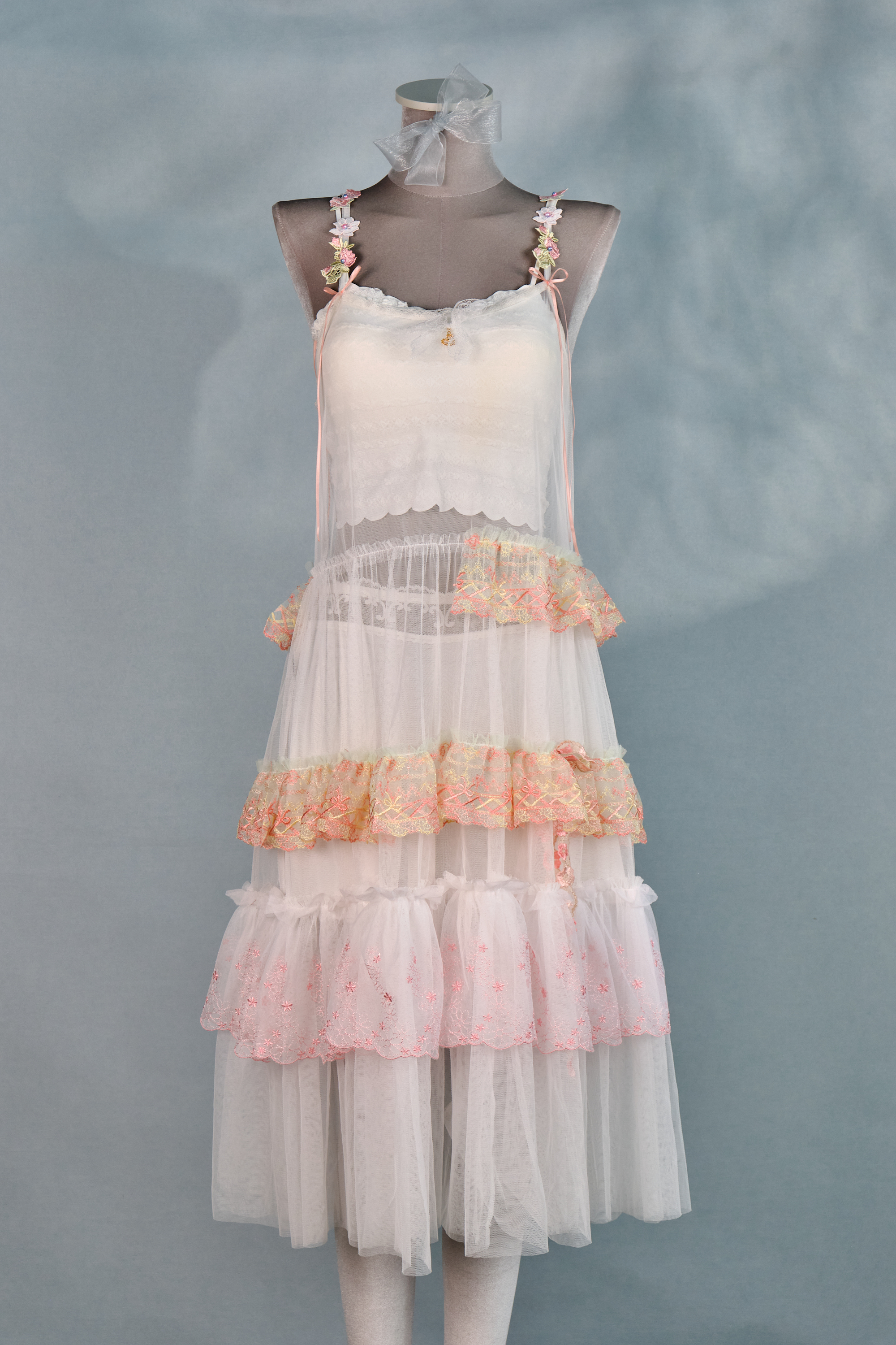 12340 Dreamy Embroidered Floral Shoulder Strap Sheer Suspender Long Dress