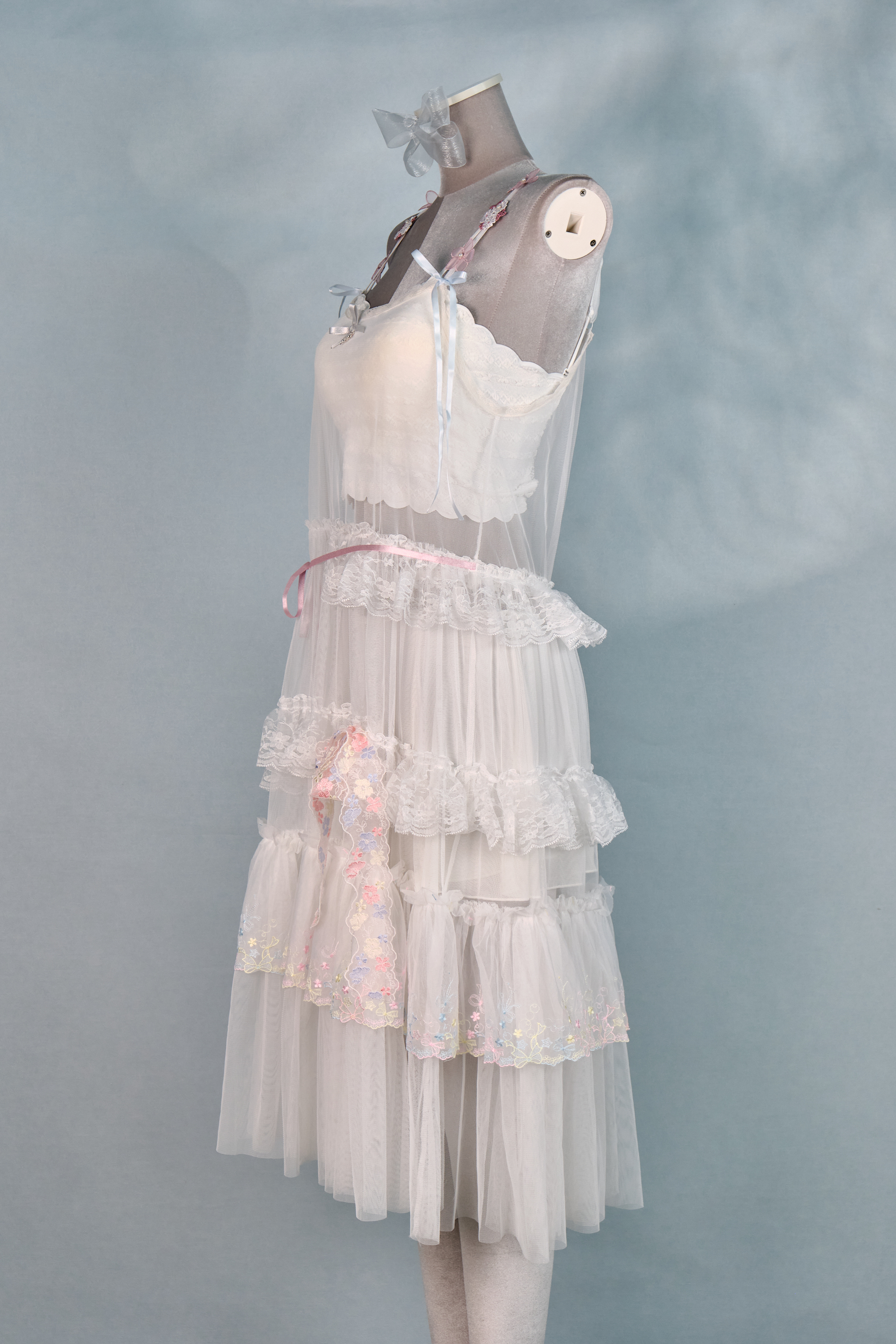12337 Dreamy Embroidered Floral Shoulder Strap Sheer Suspender Long Dress