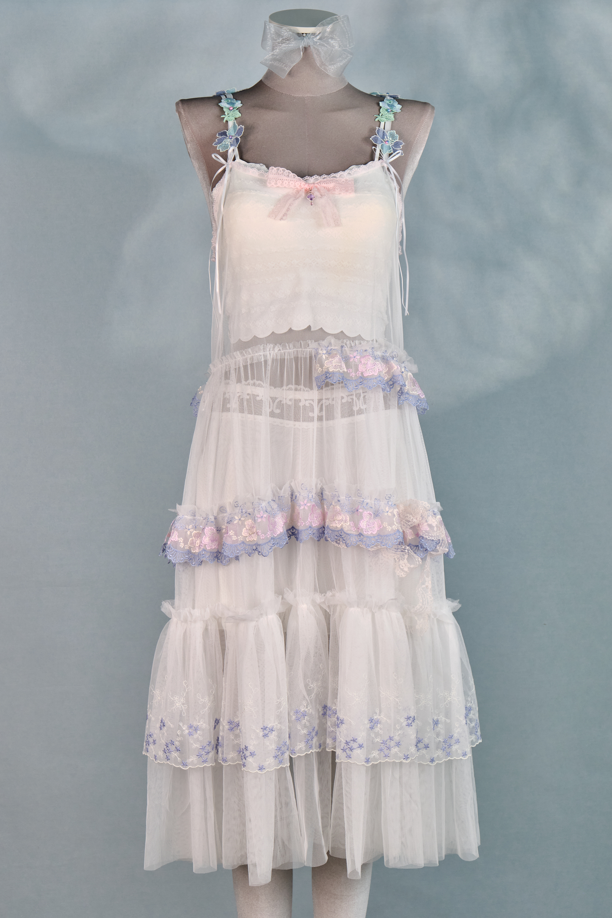 12341 Dreamy Embroidered Floral Shoulder Strap Sheer Suspender Long Dress