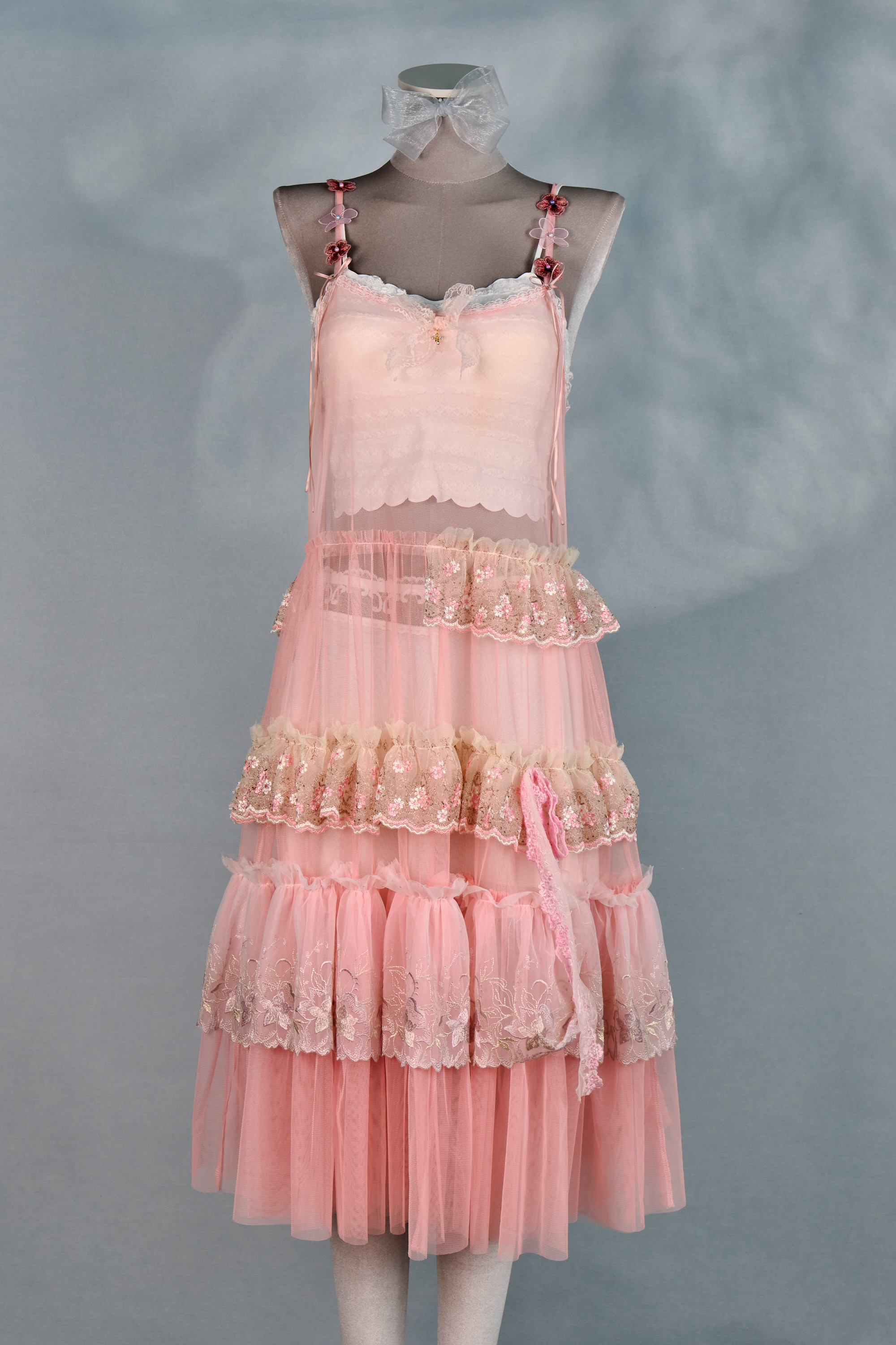 12342 Dreamy Embroidered Floral Shoulder Strap Sheer Suspender Long Dress