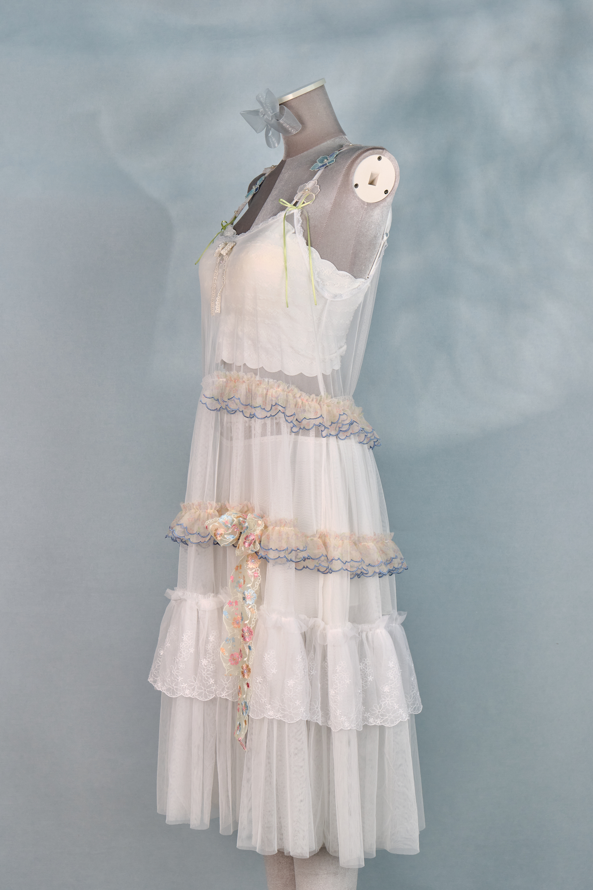 12338 Dreamy Embroidered Floral Shoulder Strap Sheer Suspender Long Dress