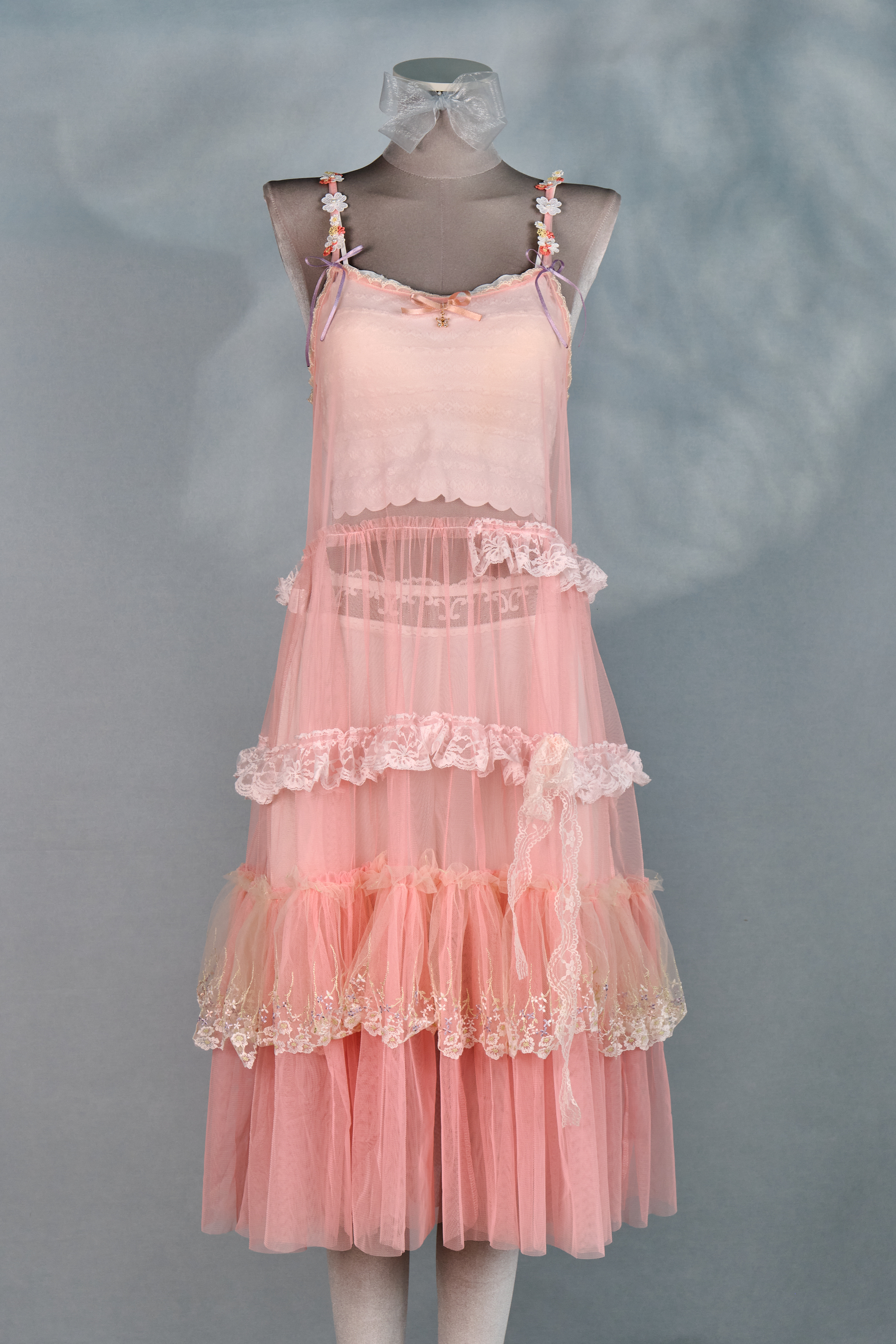 12343 Dreamy Embroidered Floral Shoulder Strap Sheer Suspender Long Dress
