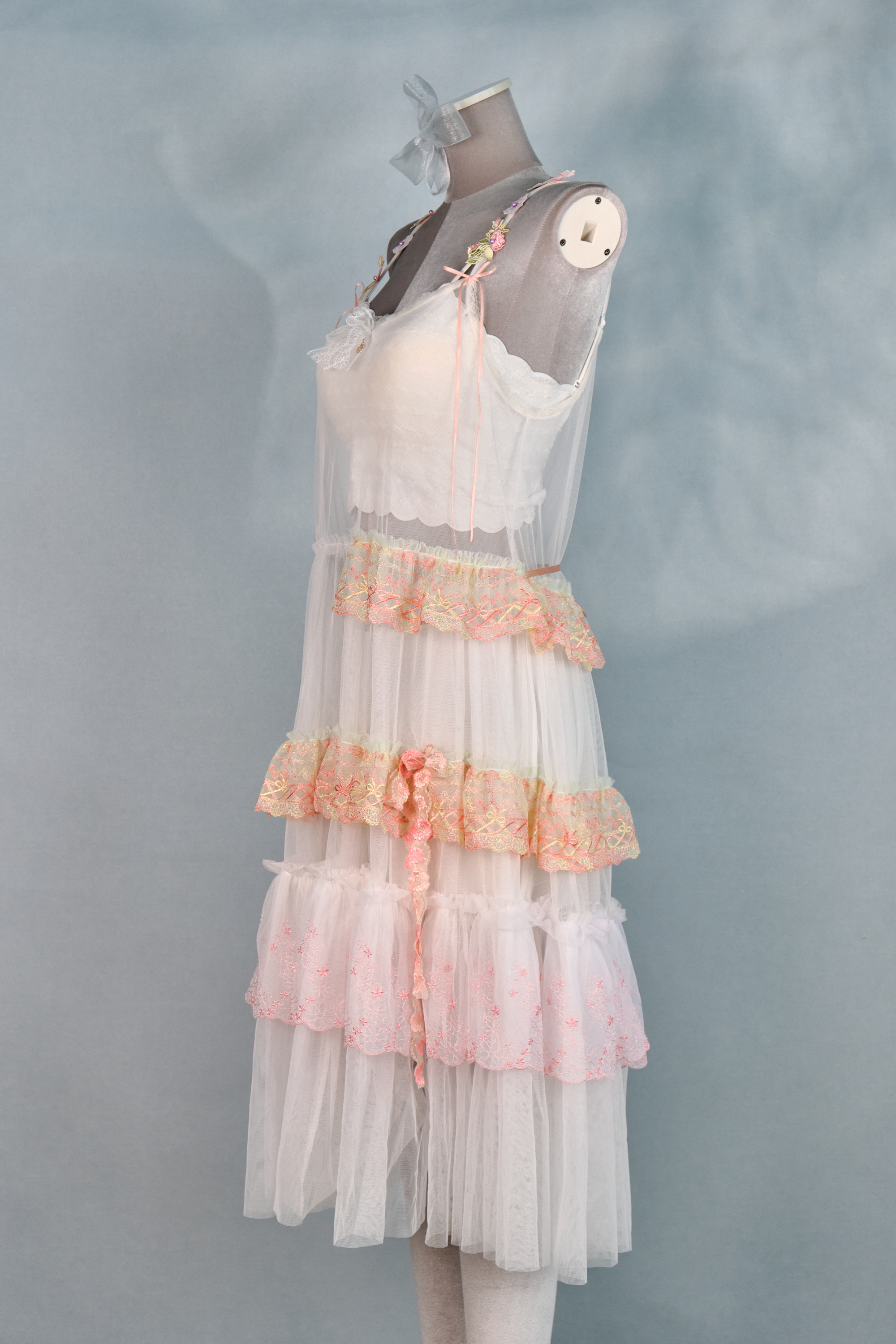 12340 Dreamy Embroidered Floral Shoulder Strap Sheer Suspender Long Dress