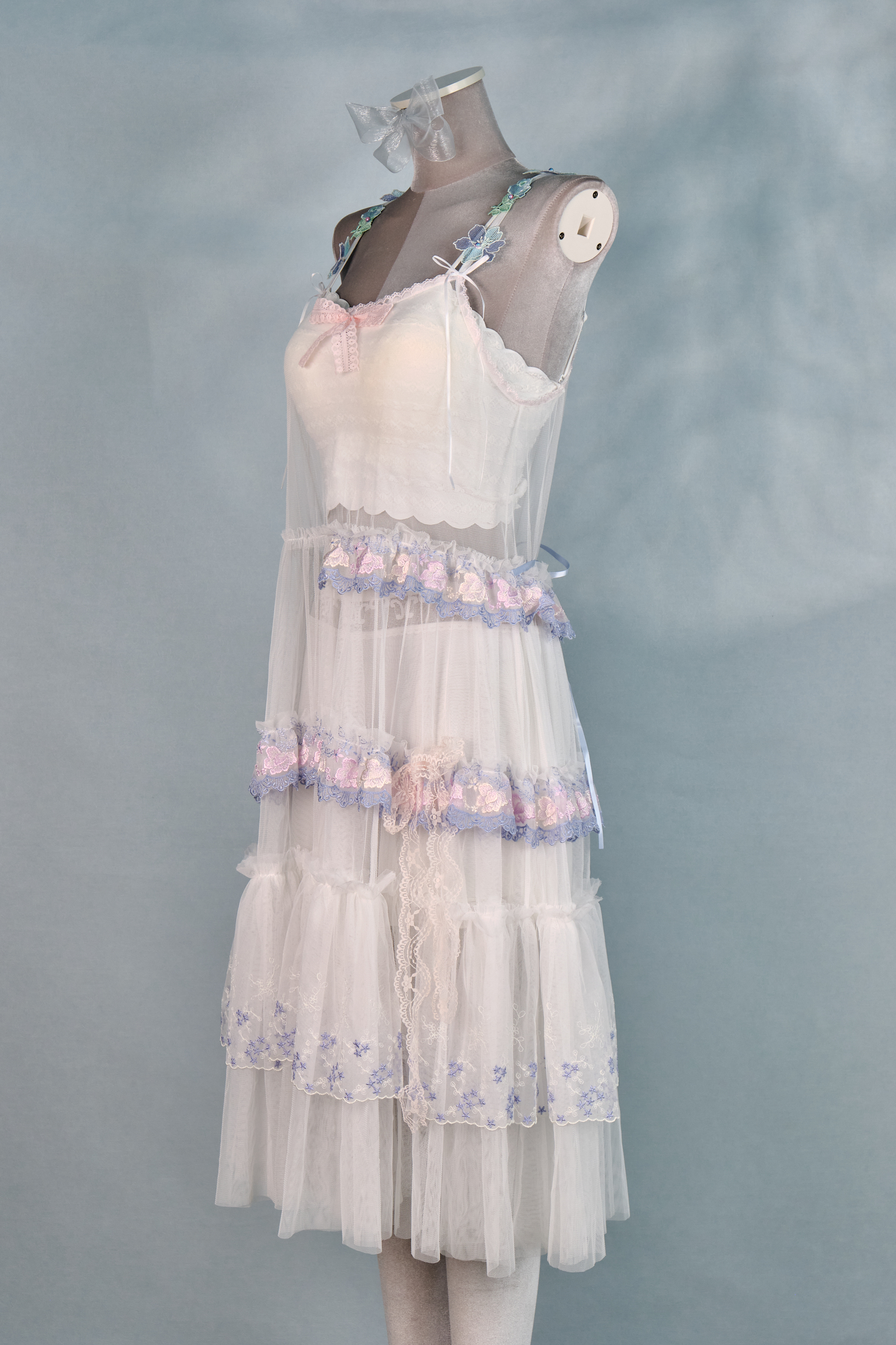 12341 Dreamy Embroidered Floral Shoulder Strap Sheer Suspender Long Dress