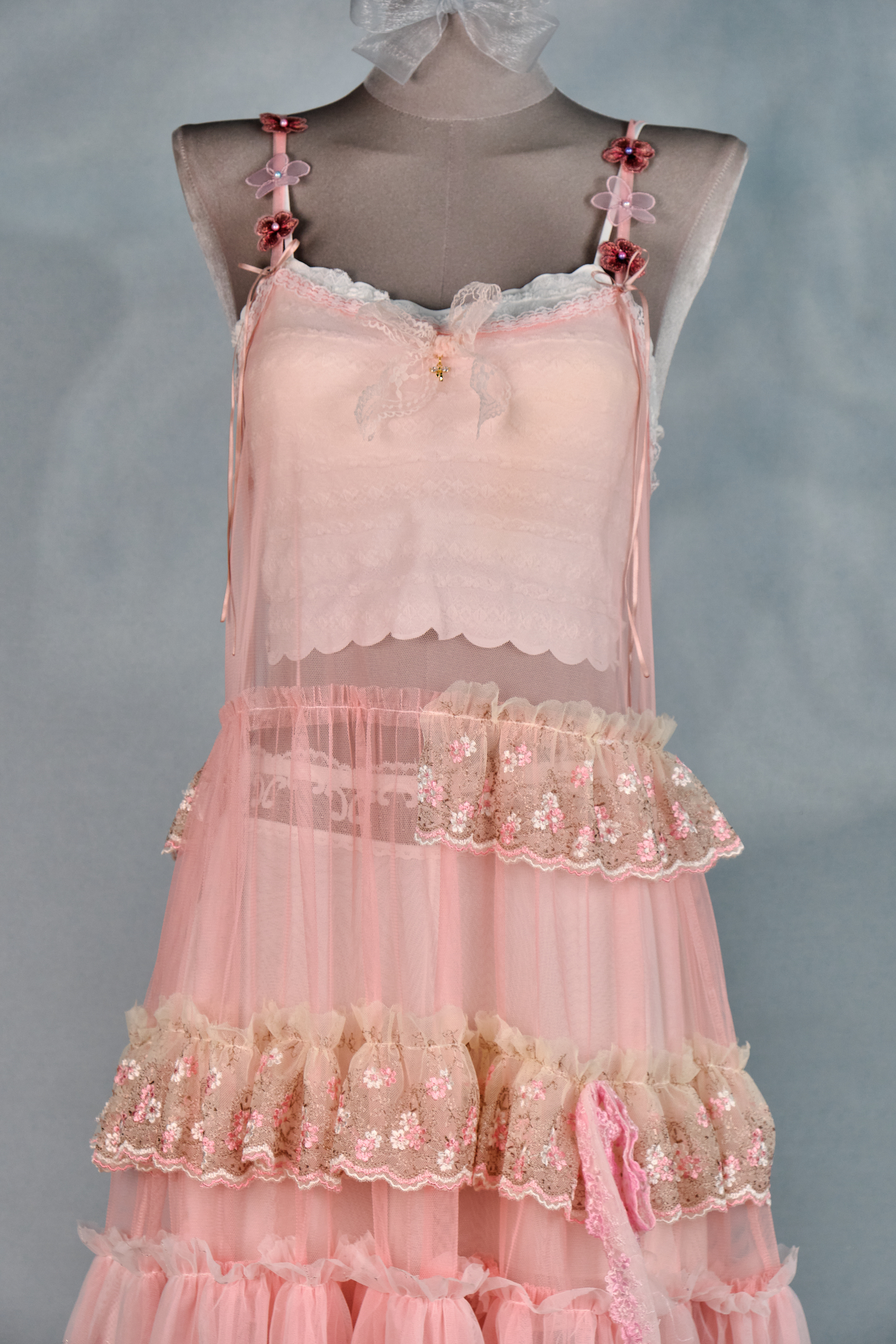 12342 Dreamy Embroidered Floral Shoulder Strap Sheer Suspender Long Dress