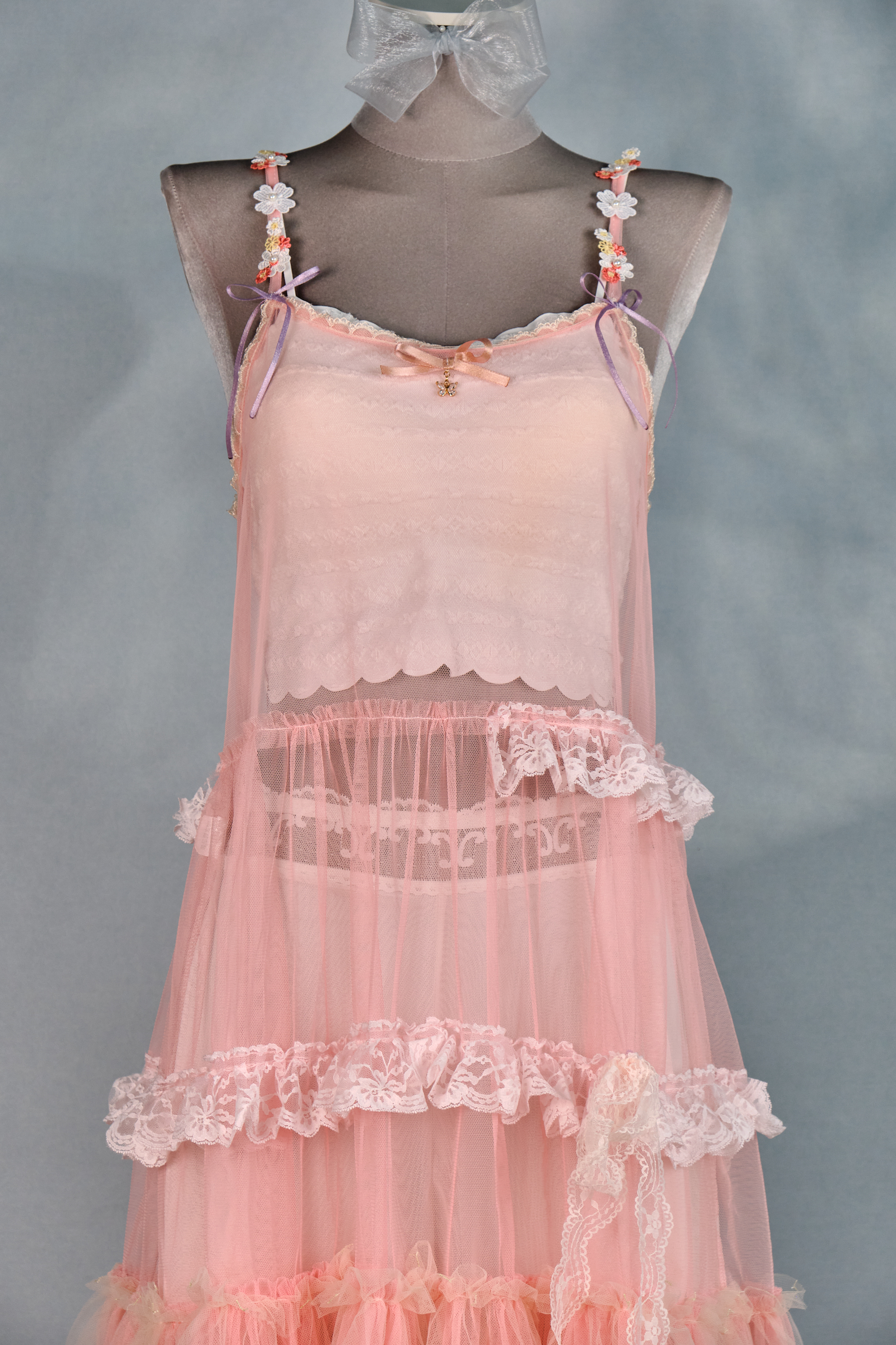 12343 Dreamy Embroidered Floral Shoulder Strap Sheer Suspender Long Dress