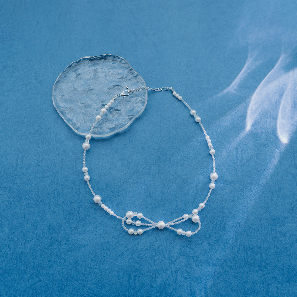 Lustrous Pearl Bow Beaded Clavicle Necklace【07040383】in stock+pre-order