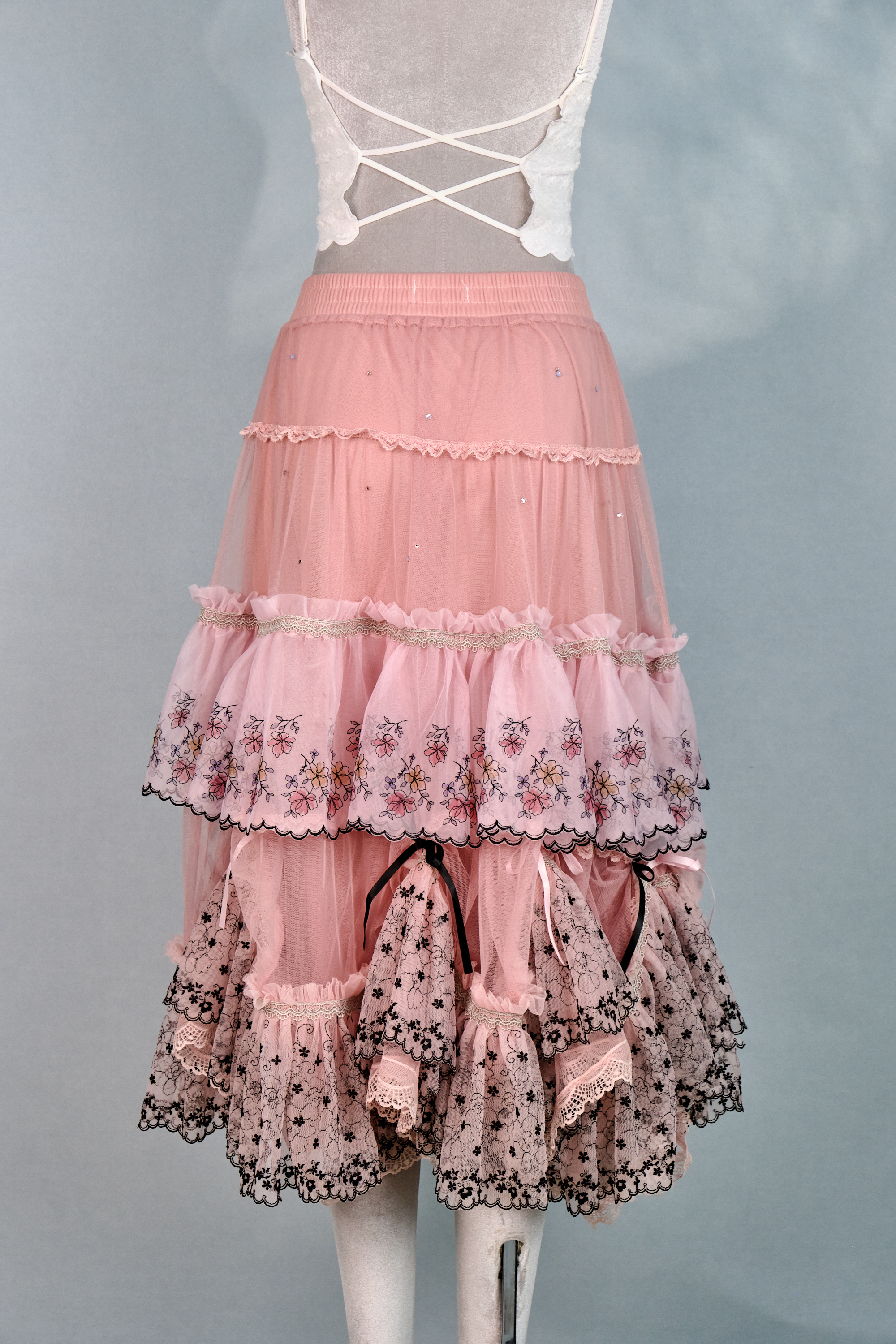 12344 Rhinestone Lace Layered Knee-Length Skirt