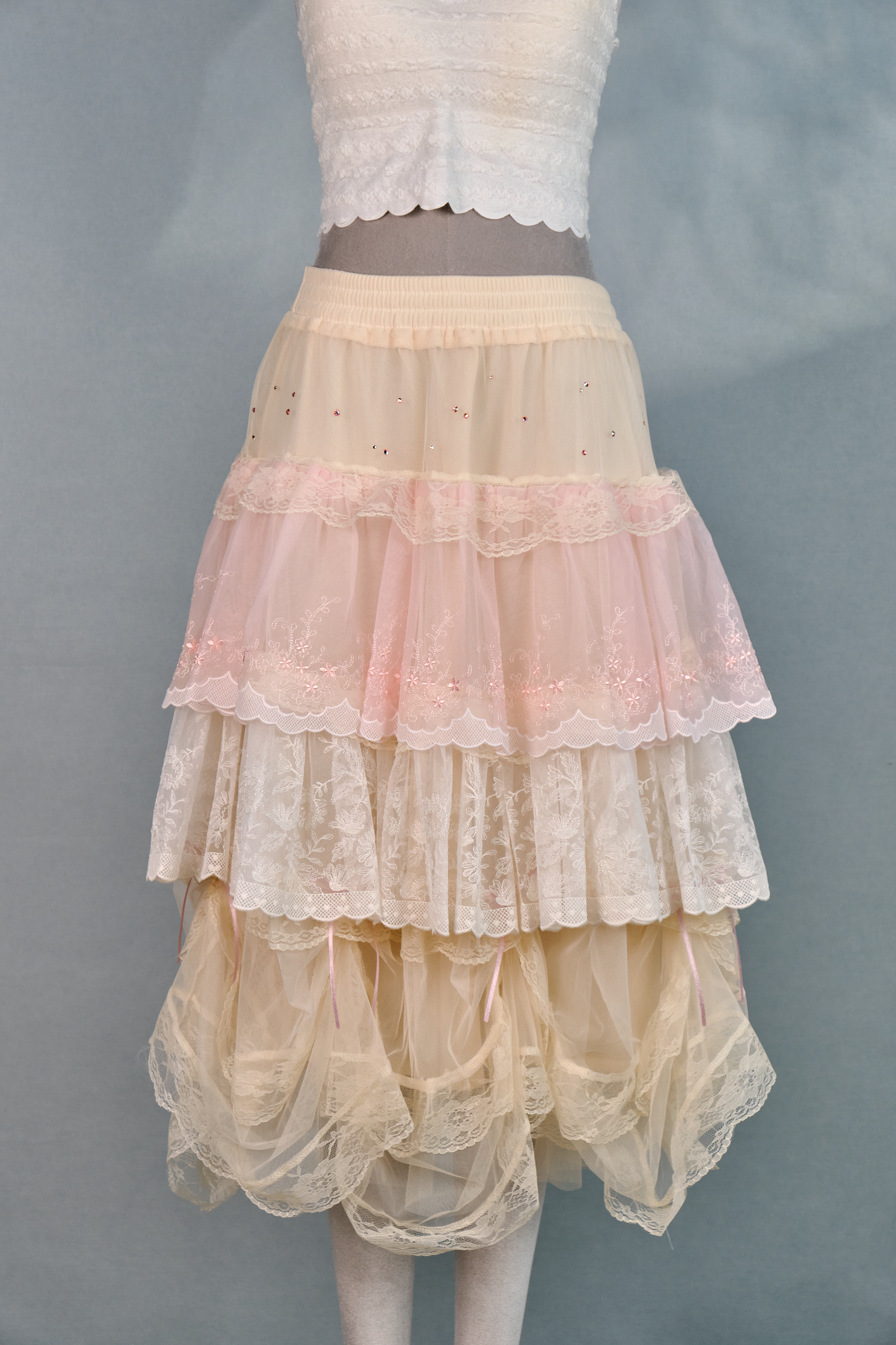 12348 Rhinestone Lace Layered Knee-Length Skirt