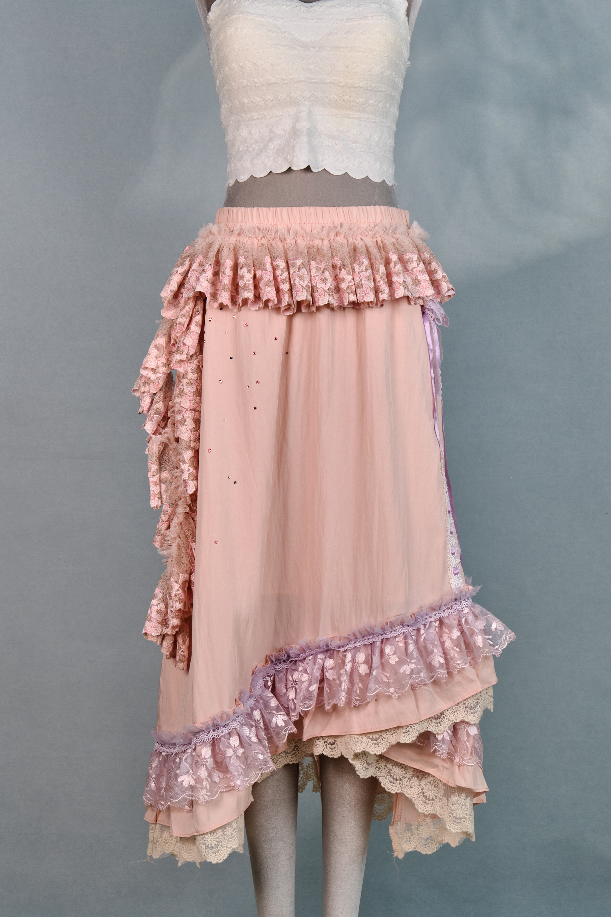 12346 Rhinestone Lace Layered Knee-Length Skirt