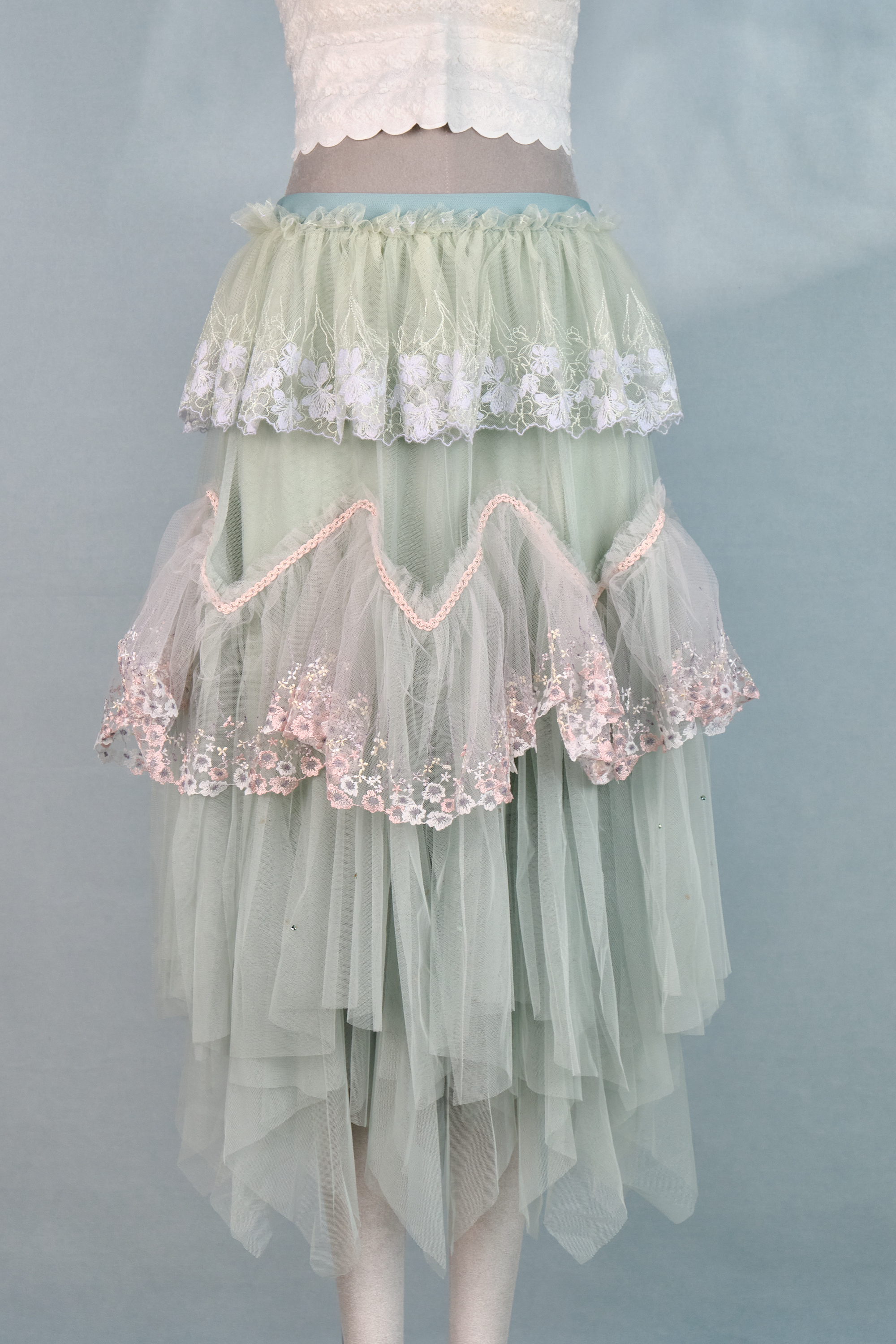 12347 Rhinestone Lace Layered Knee-Length Skirt