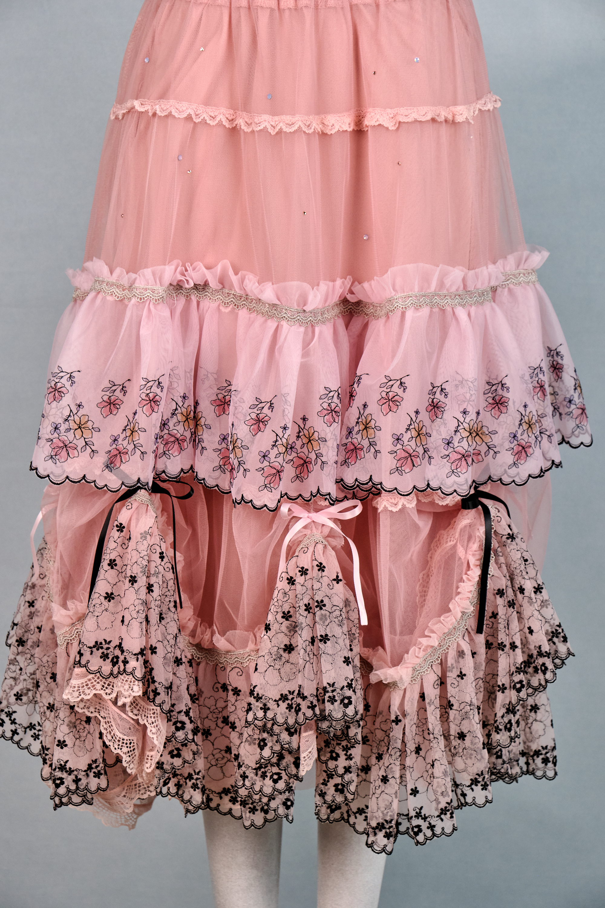 12344 Rhinestone Lace Layered Knee-Length Skirt