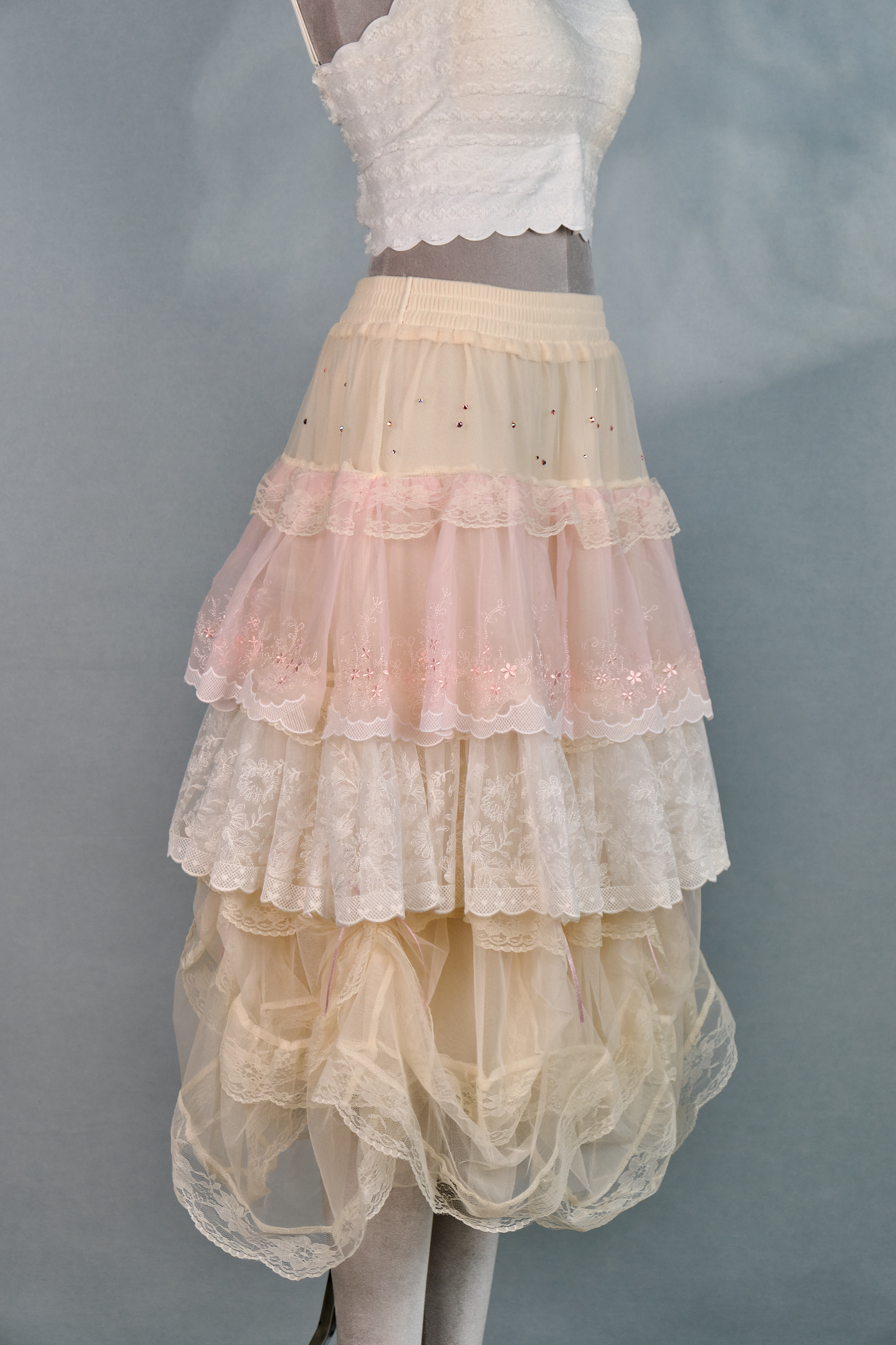 12348 Rhinestone Lace Layered Knee-Length Skirt