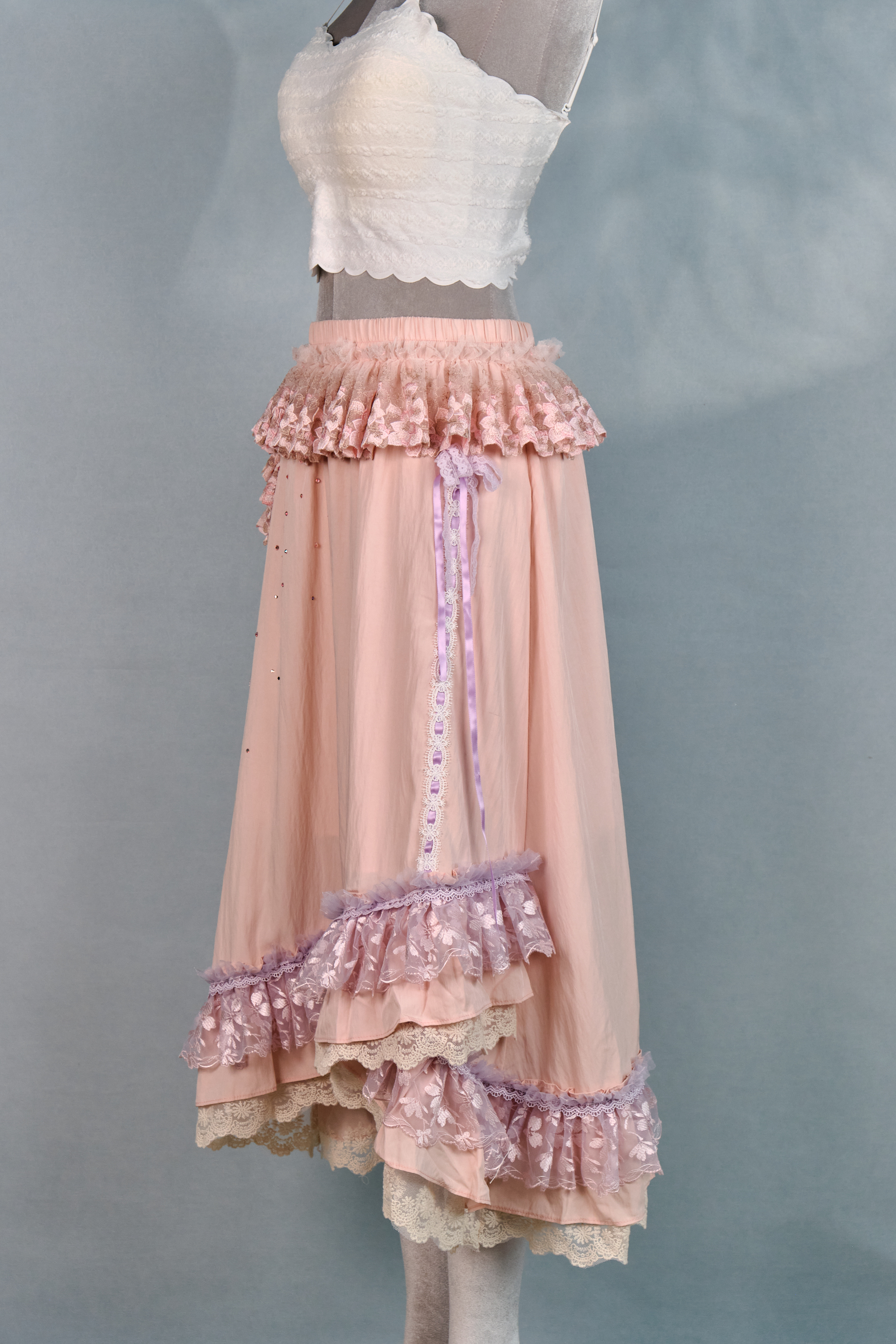 12346 Rhinestone Lace Layered Knee-Length Skirt