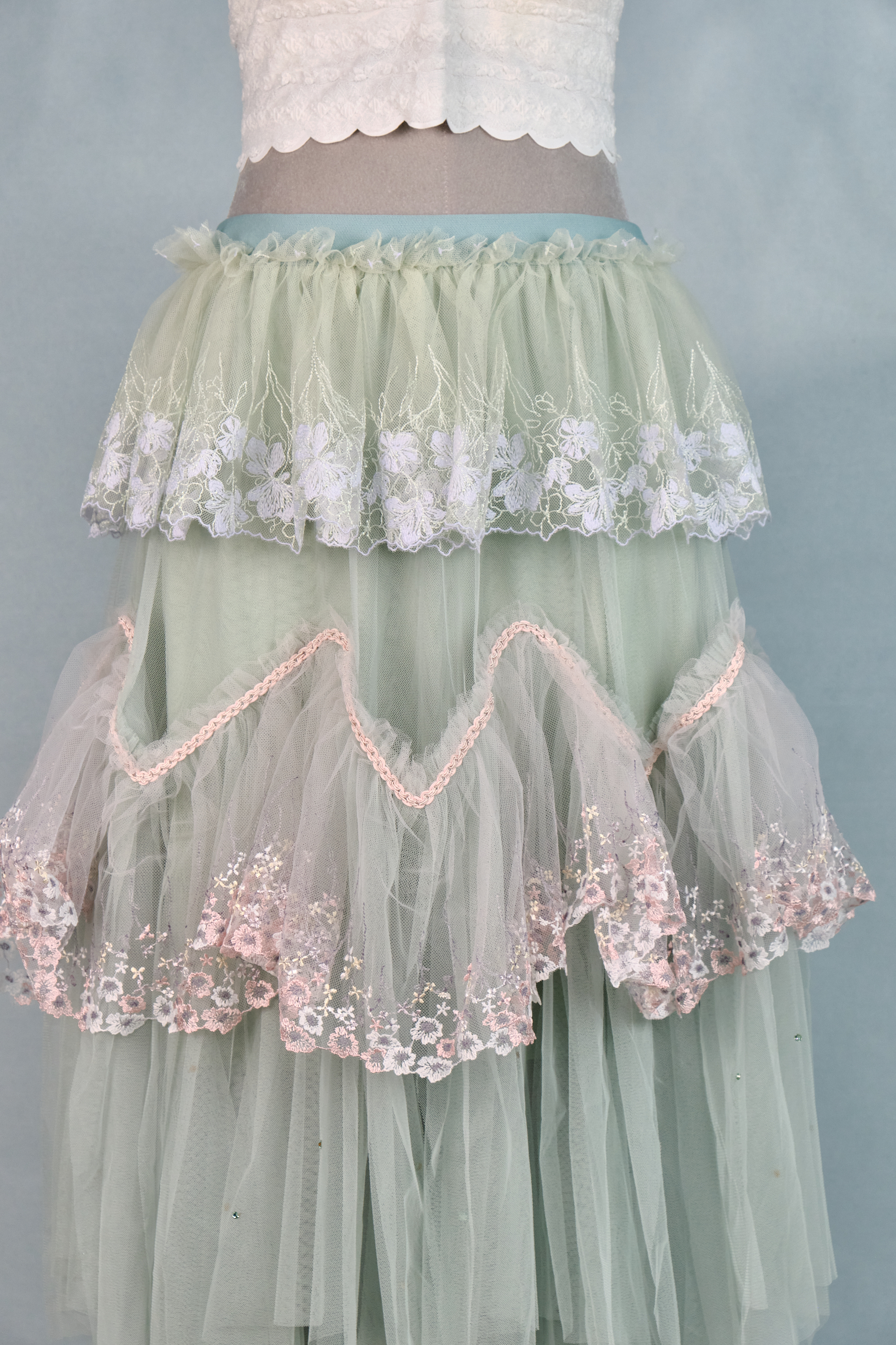 12347 Rhinestone Lace Layered Knee-Length Skirt