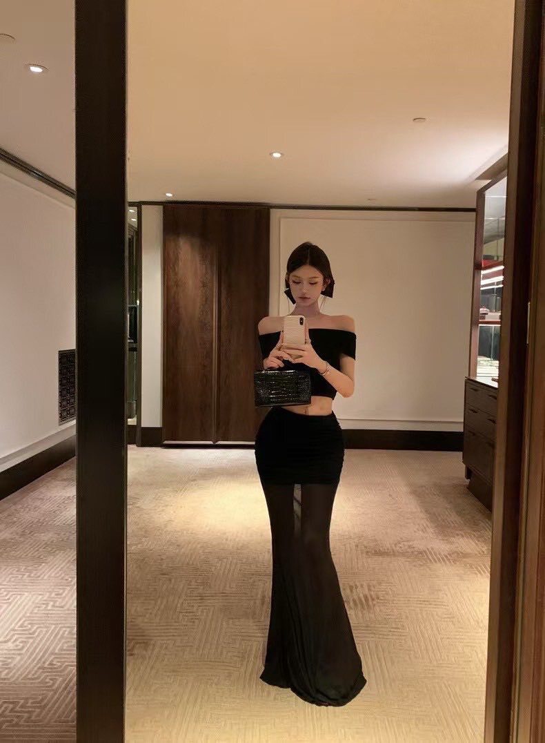 即視感一字領透紗長裙套裝❤️