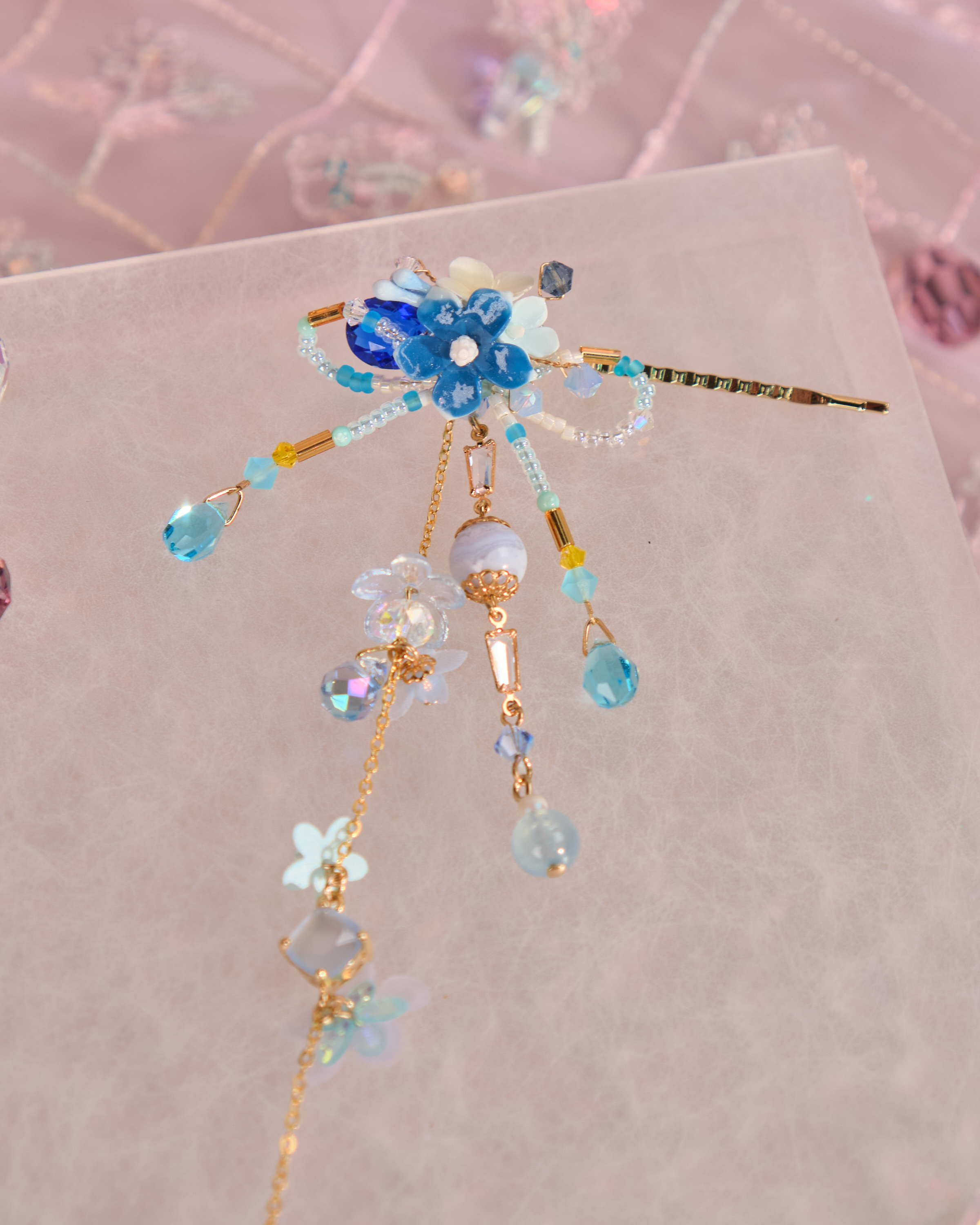 12522  Floral Barrette with Beaded Charm