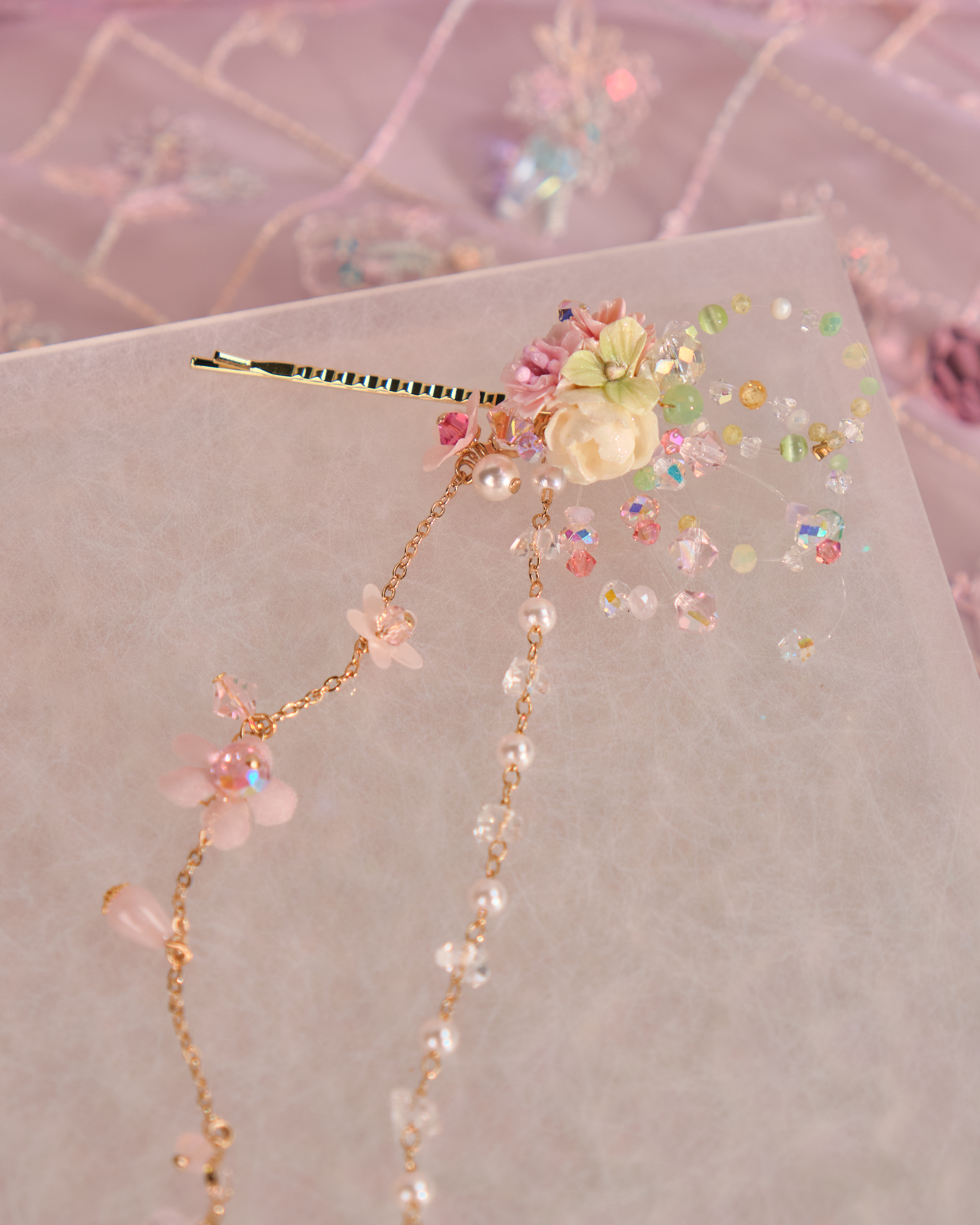 12521 Floral Barrette with Beaded Charm