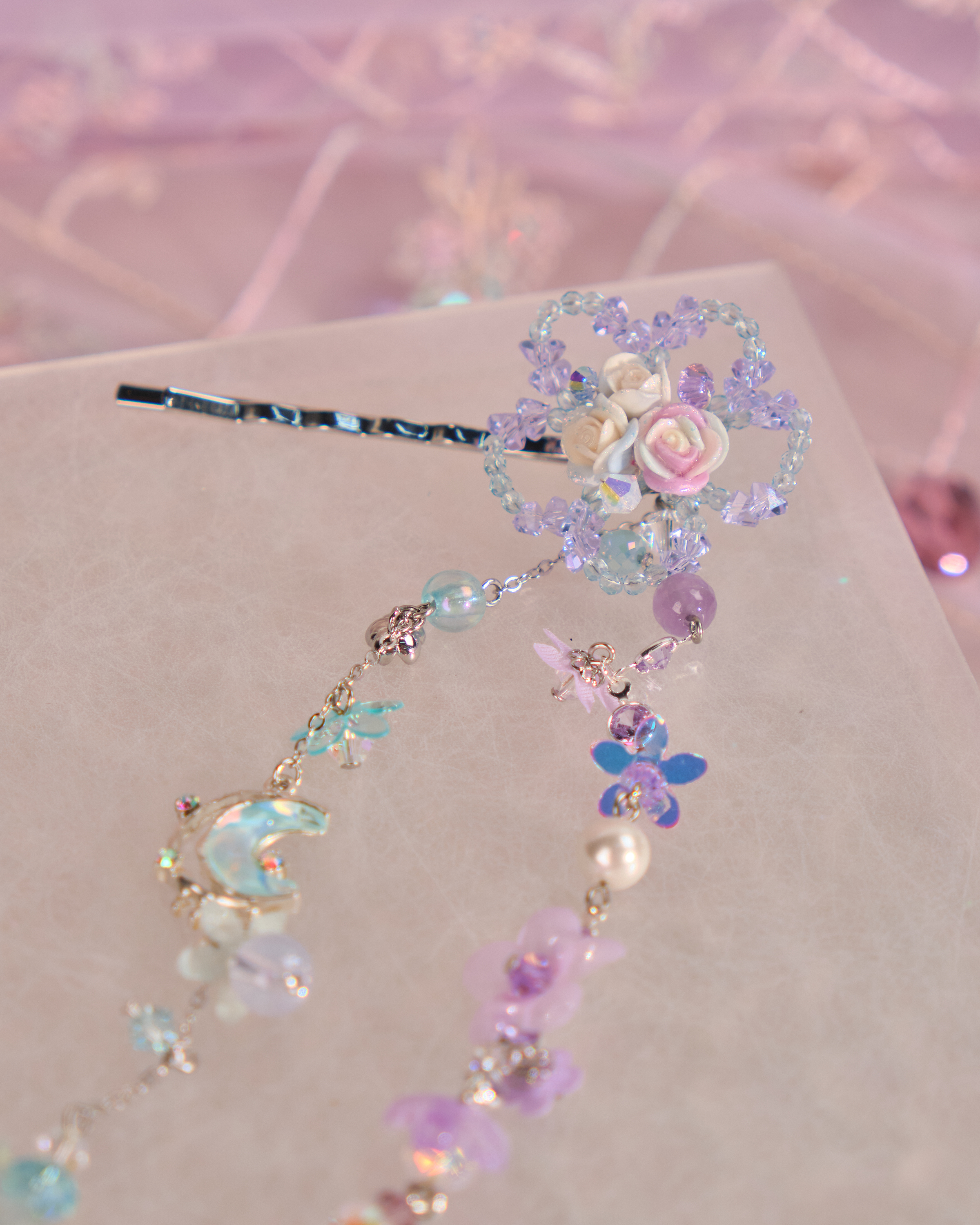 12520 Floral Barrette with Beaded Charm