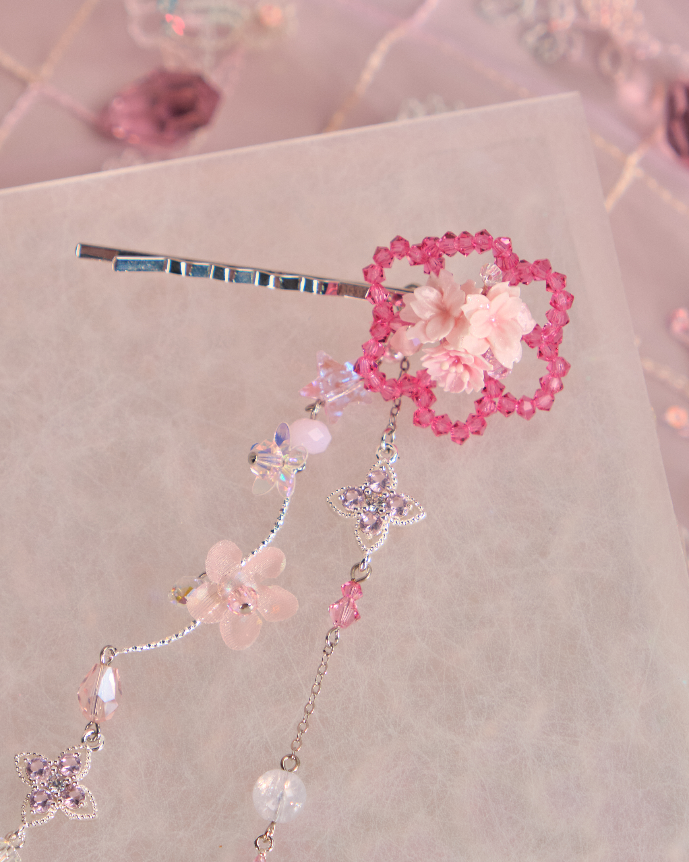 12519 Floral Barrette with Beaded Charm