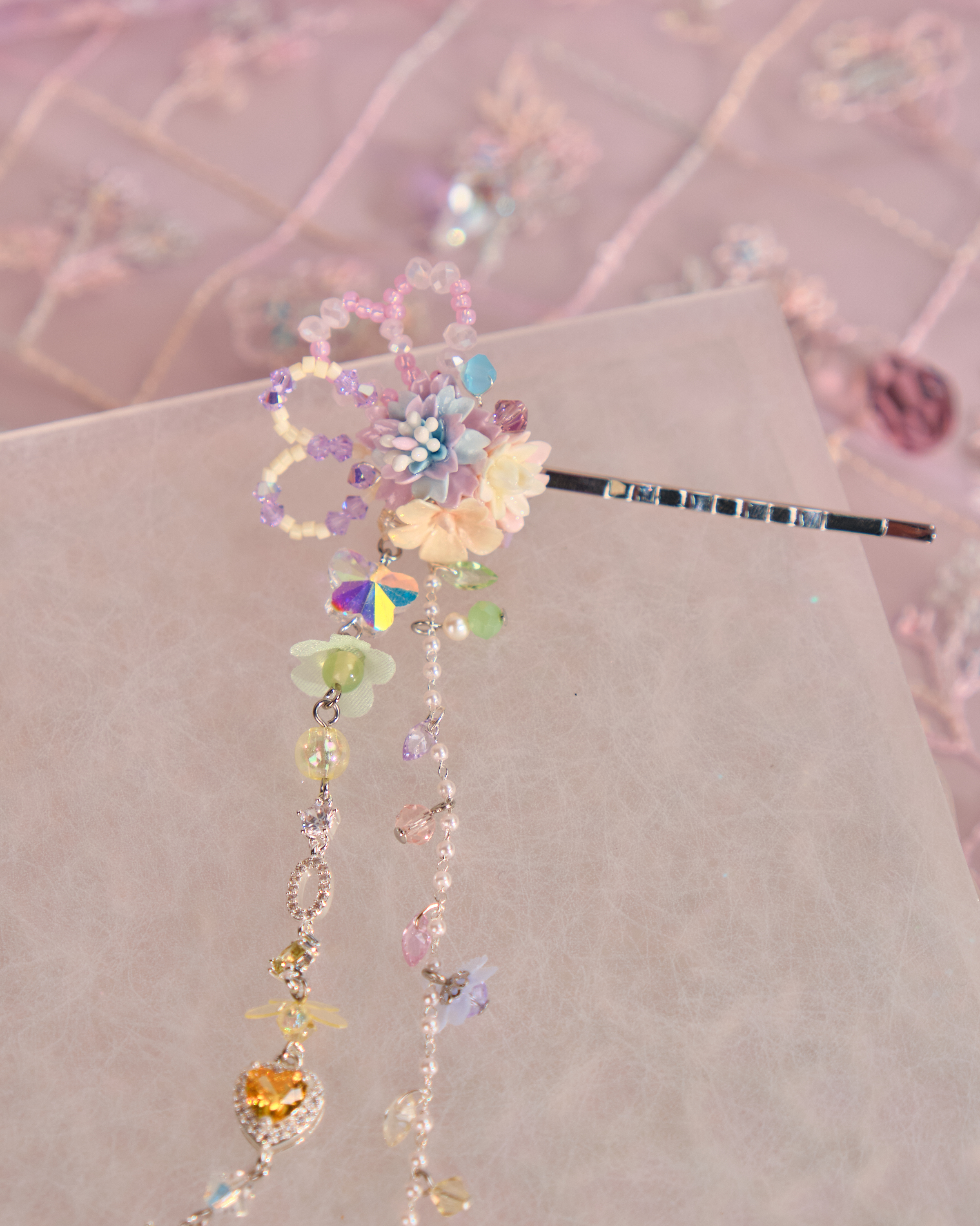 12518 Floral Barrette with Beaded Charm