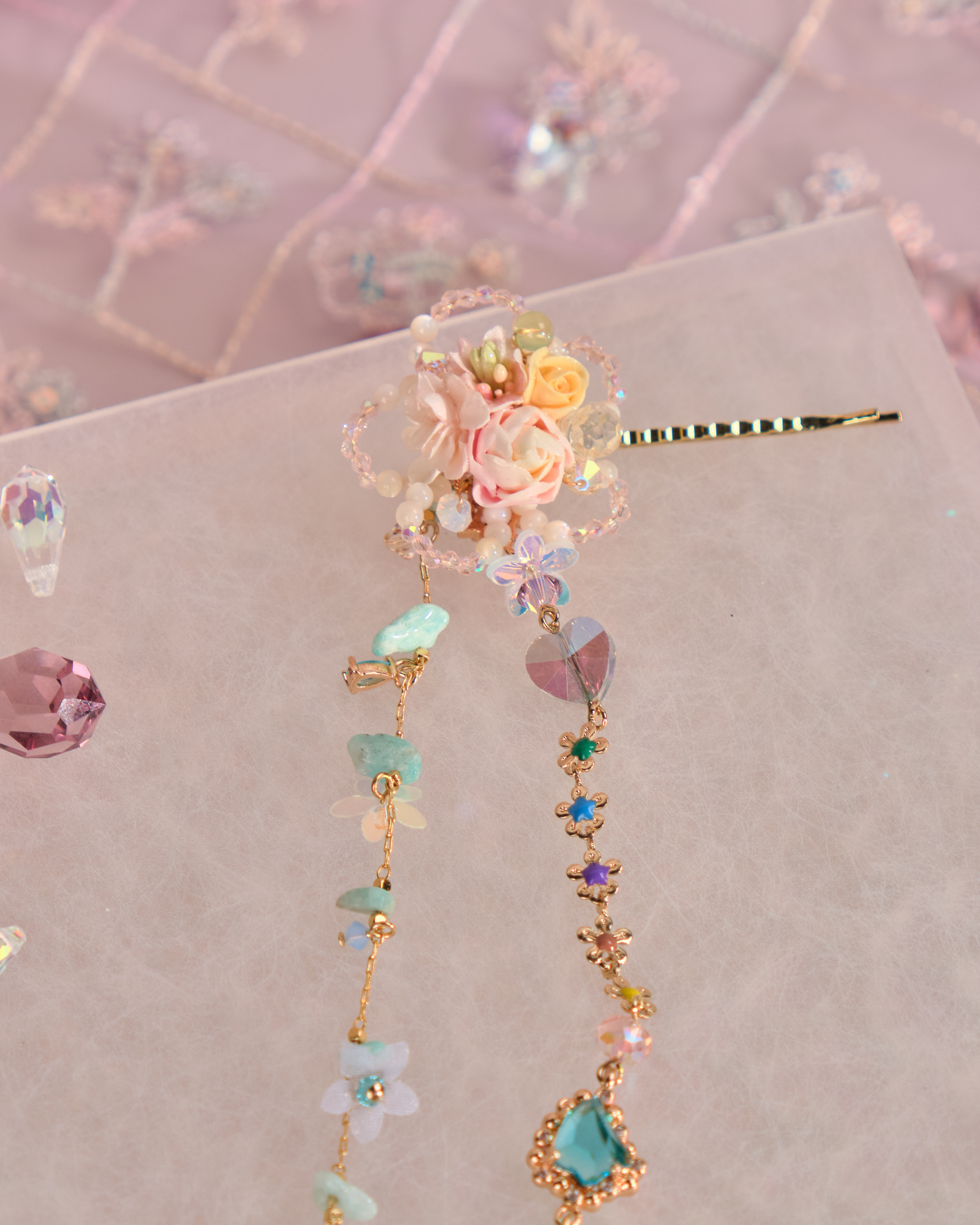 12517 Floral Barrette with Beaded Charm