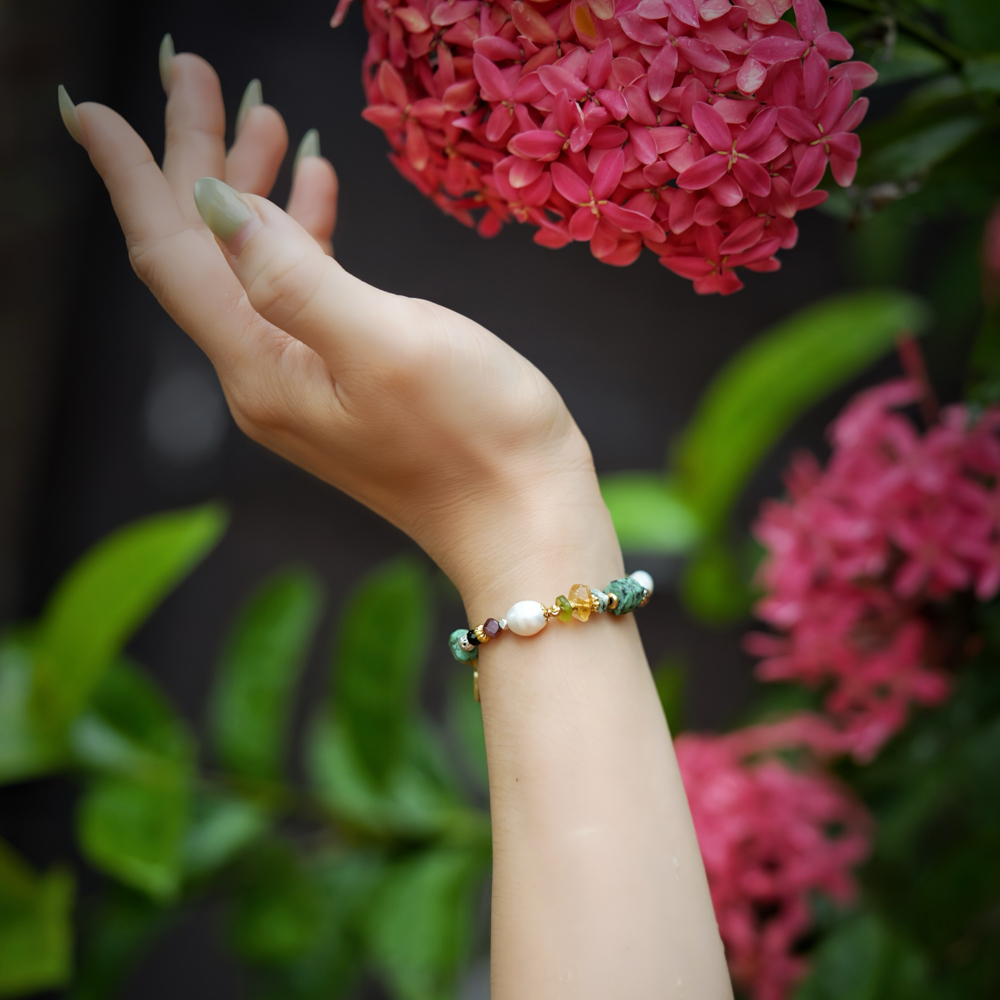 清爽系摩洛哥｜綠松石珍珠黃水晶手鍊 C1728