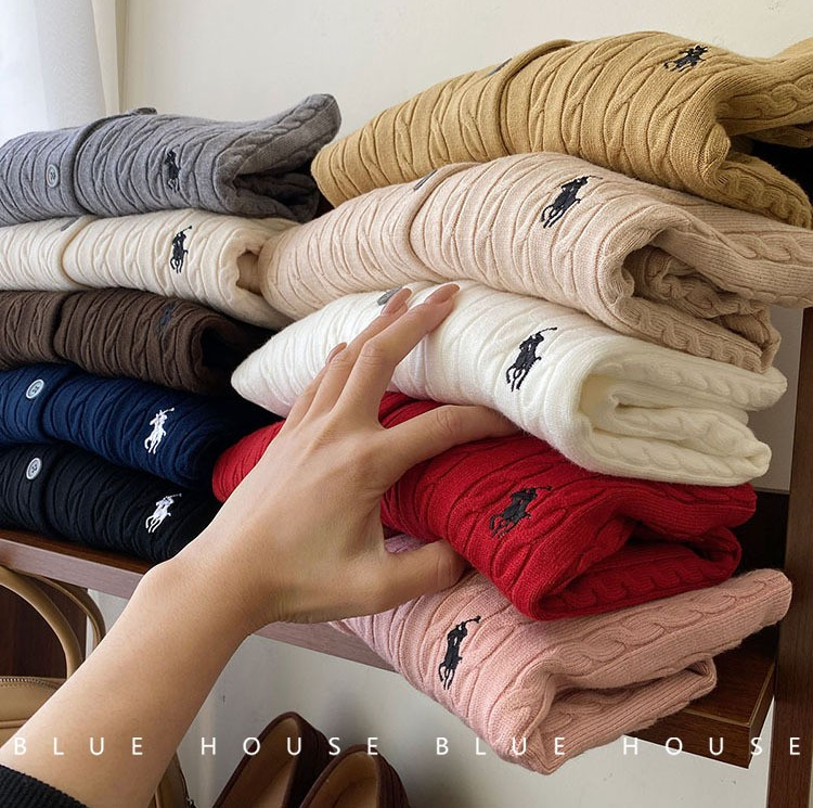 Pony Embroidery Cable Knit Crewneck Cardigan