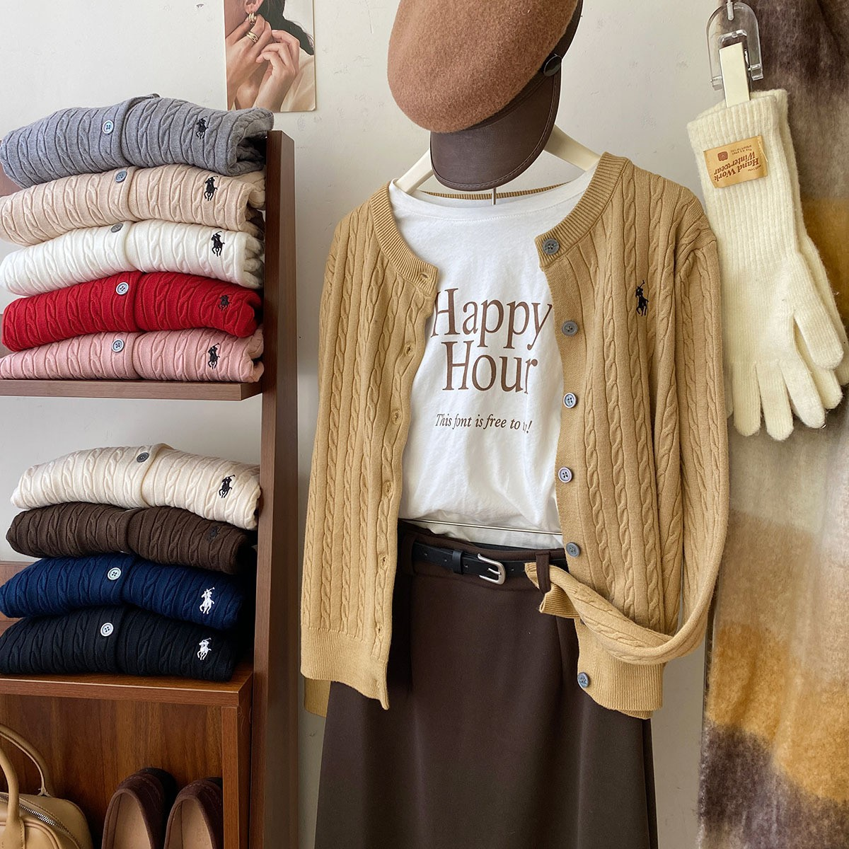 Pony Embroidery Cable Knit Crewneck Cardigan