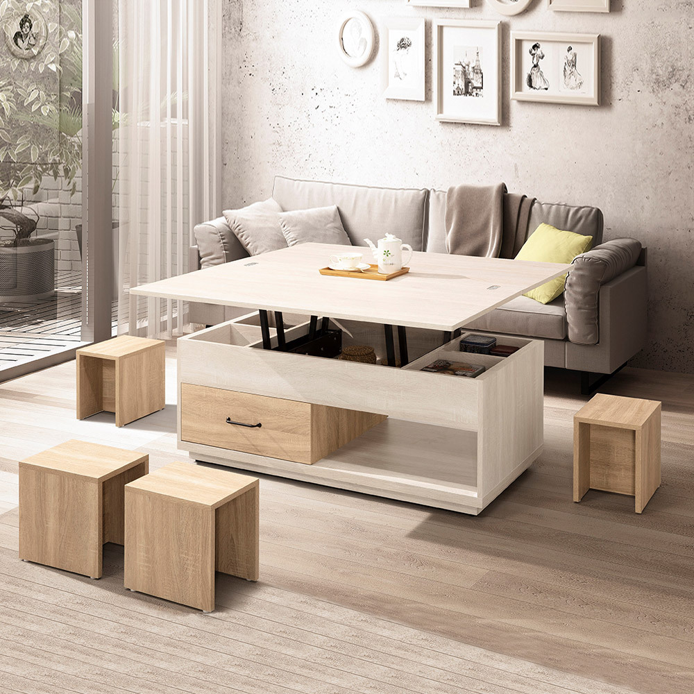 凱德4尺多功能升降洗白色大茶几/餐桌-折疊大桌面(附小椅凳四入)