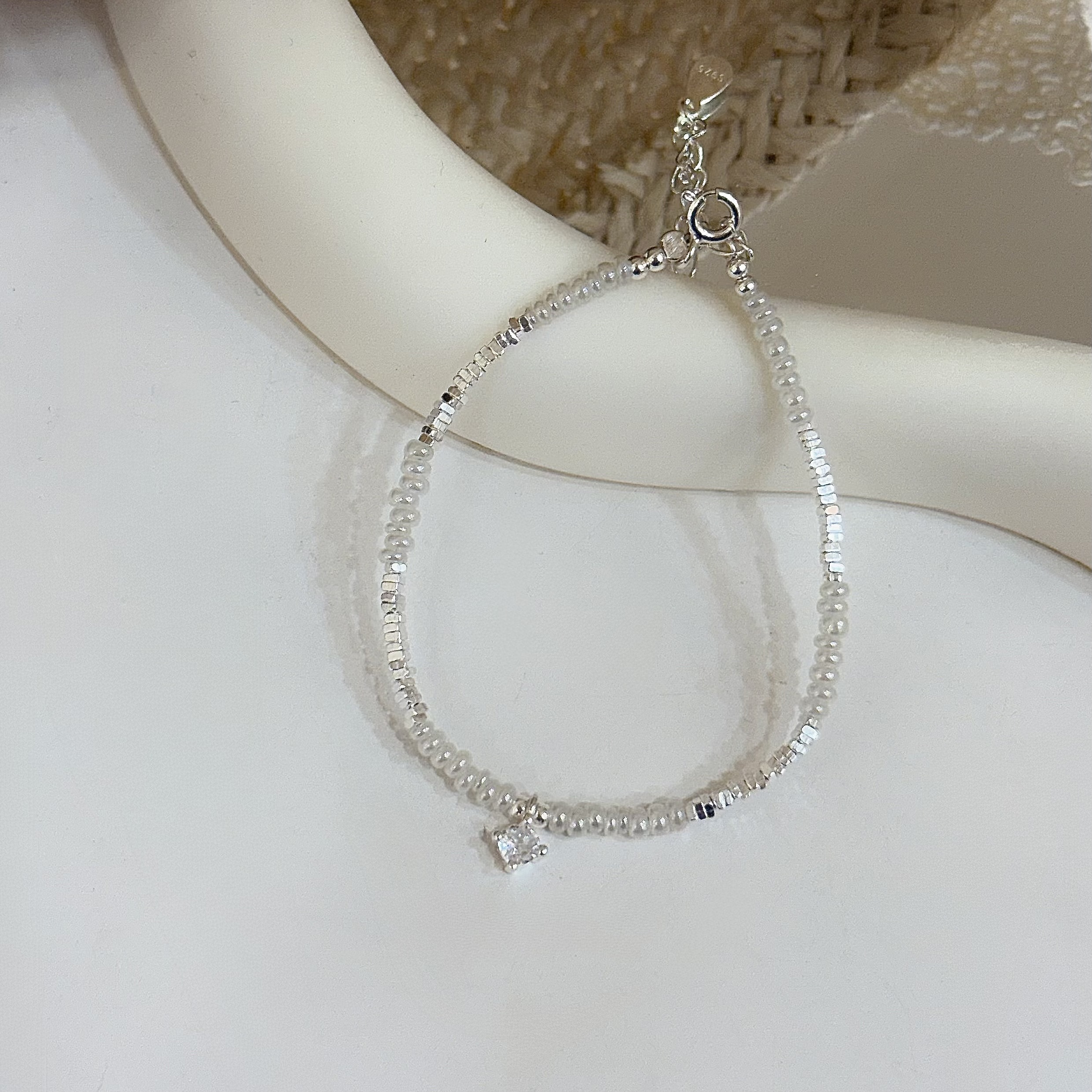 C262碎銀珍珠單鑽純銀手鏈