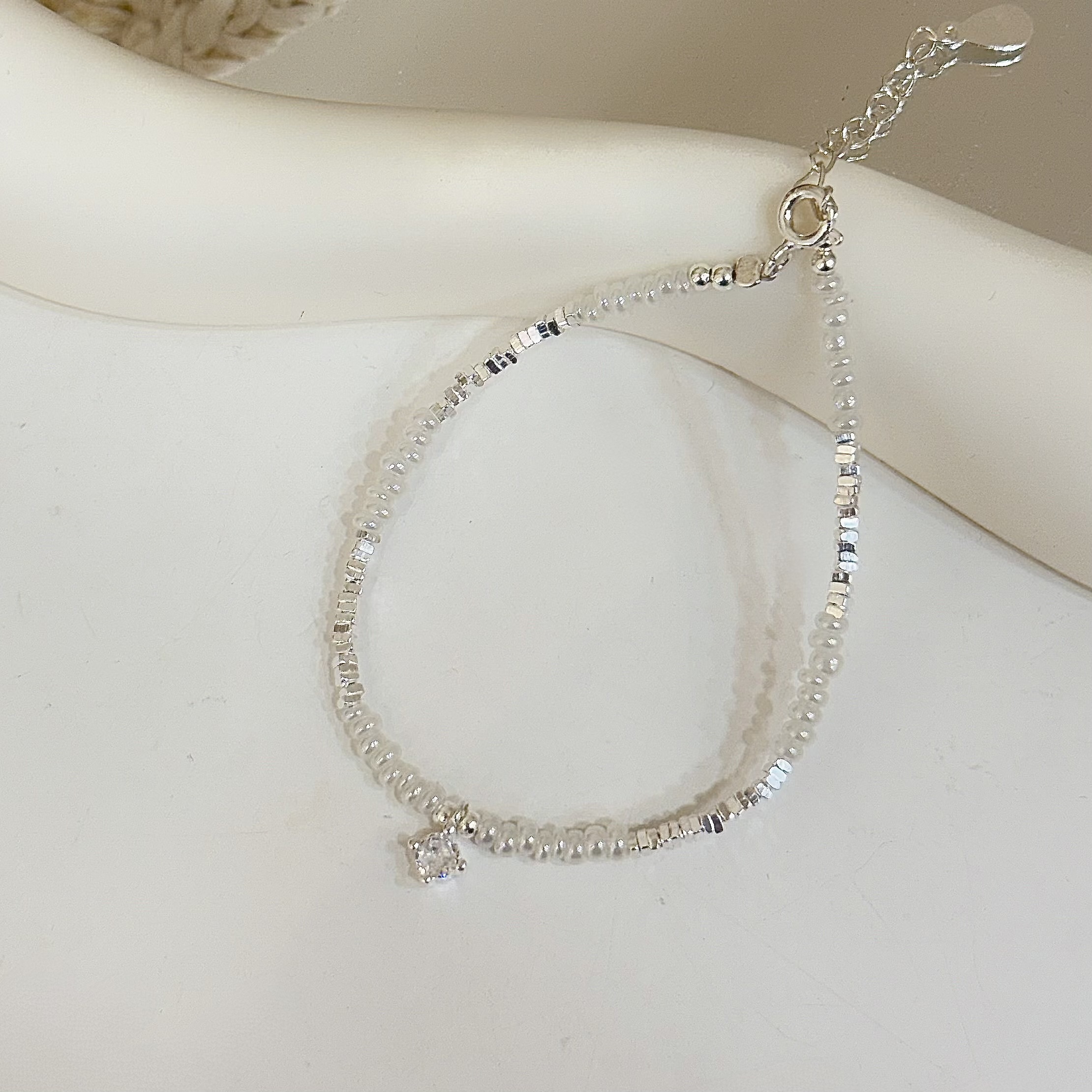 C262碎銀珍珠單鑽純銀手鏈