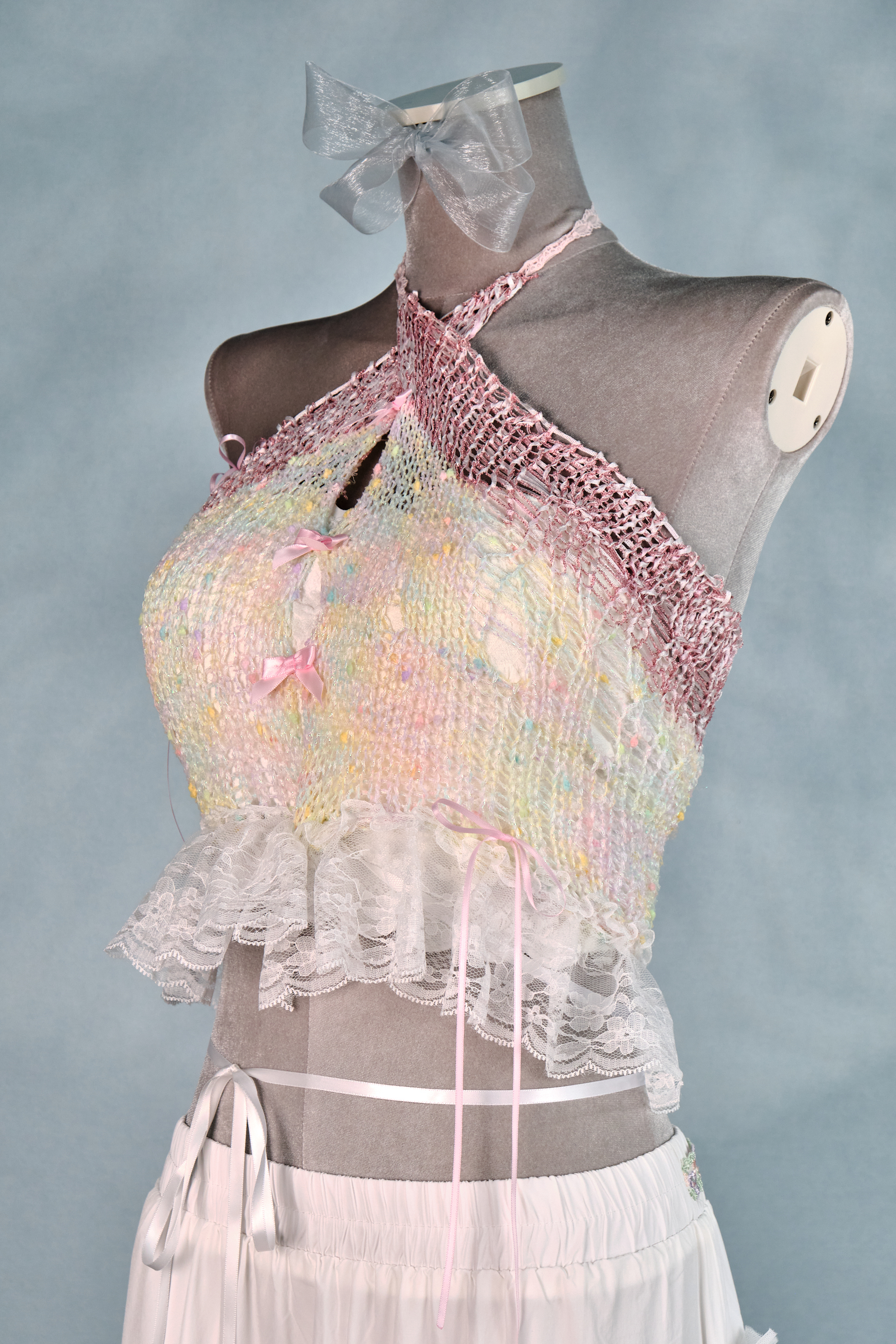 12436 Fully Hand-Knitted Cross-Neck Hollow-Out Top