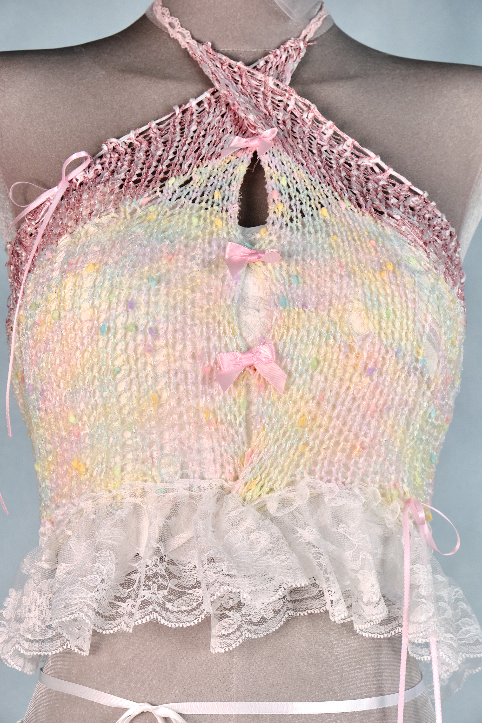 12436 Fully Hand-Knitted Cross-Neck Hollow-Out Top