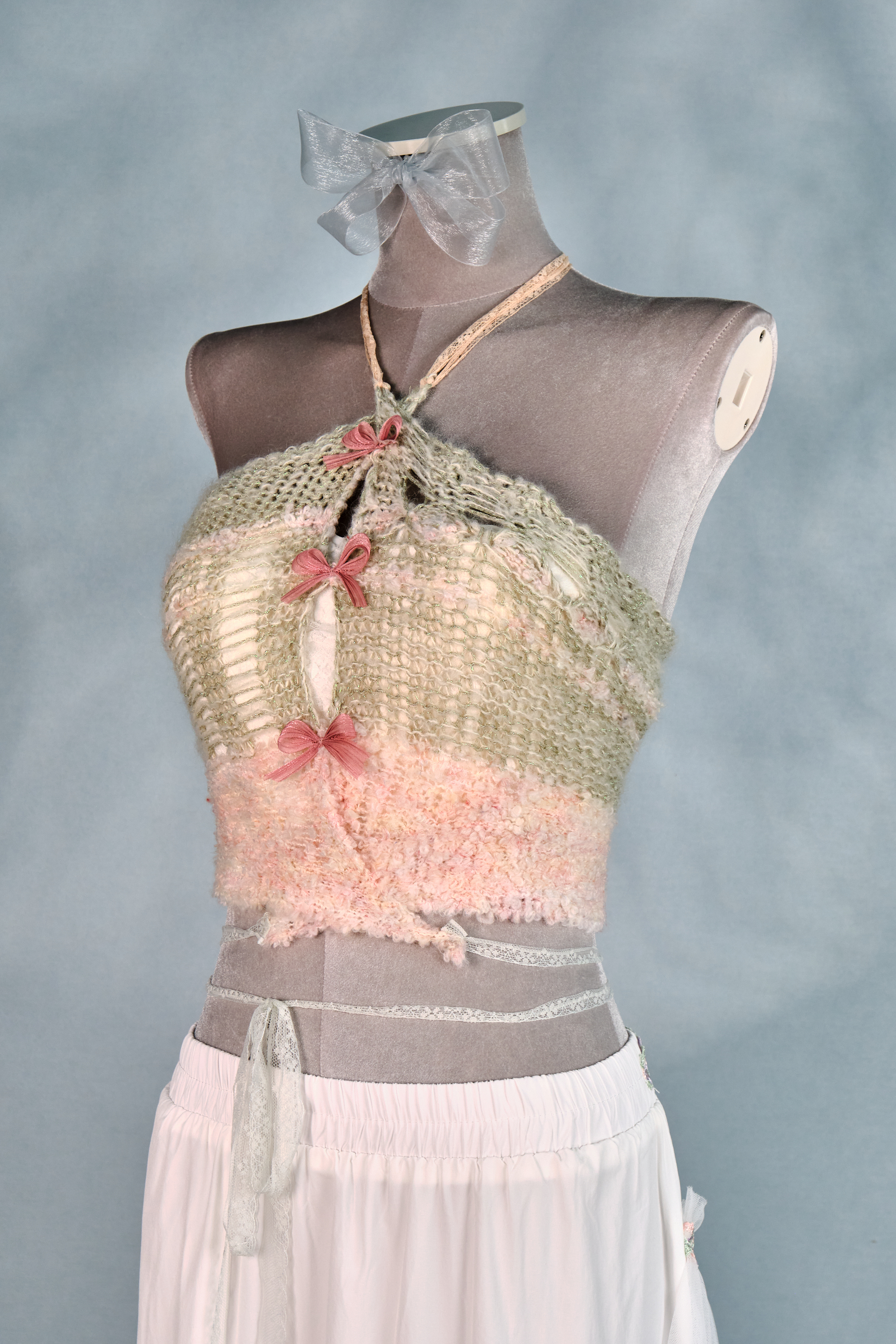 12435 Fully Hand-Knitted Cross-Neck Hollow-Out Top