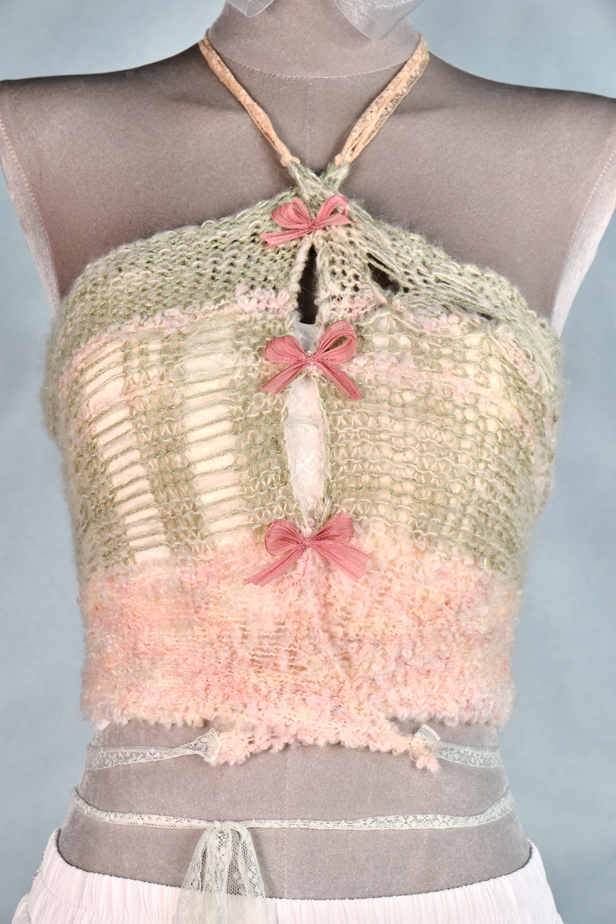 12435 Fully Hand-Knitted Cross-Neck Hollow-Out Top