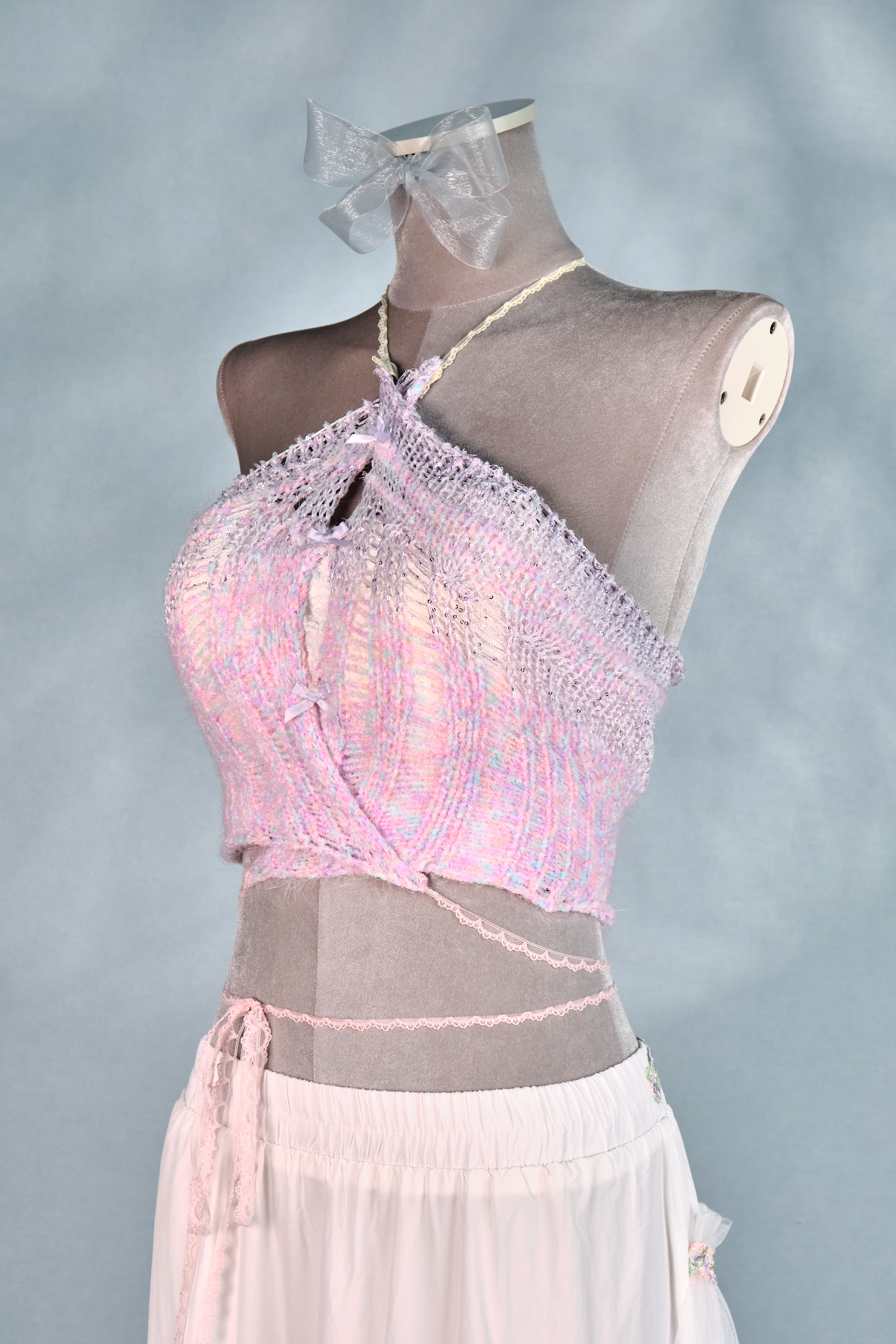 12434 Fully Hand-Knitted Cross-Neck Hollow-Out Top