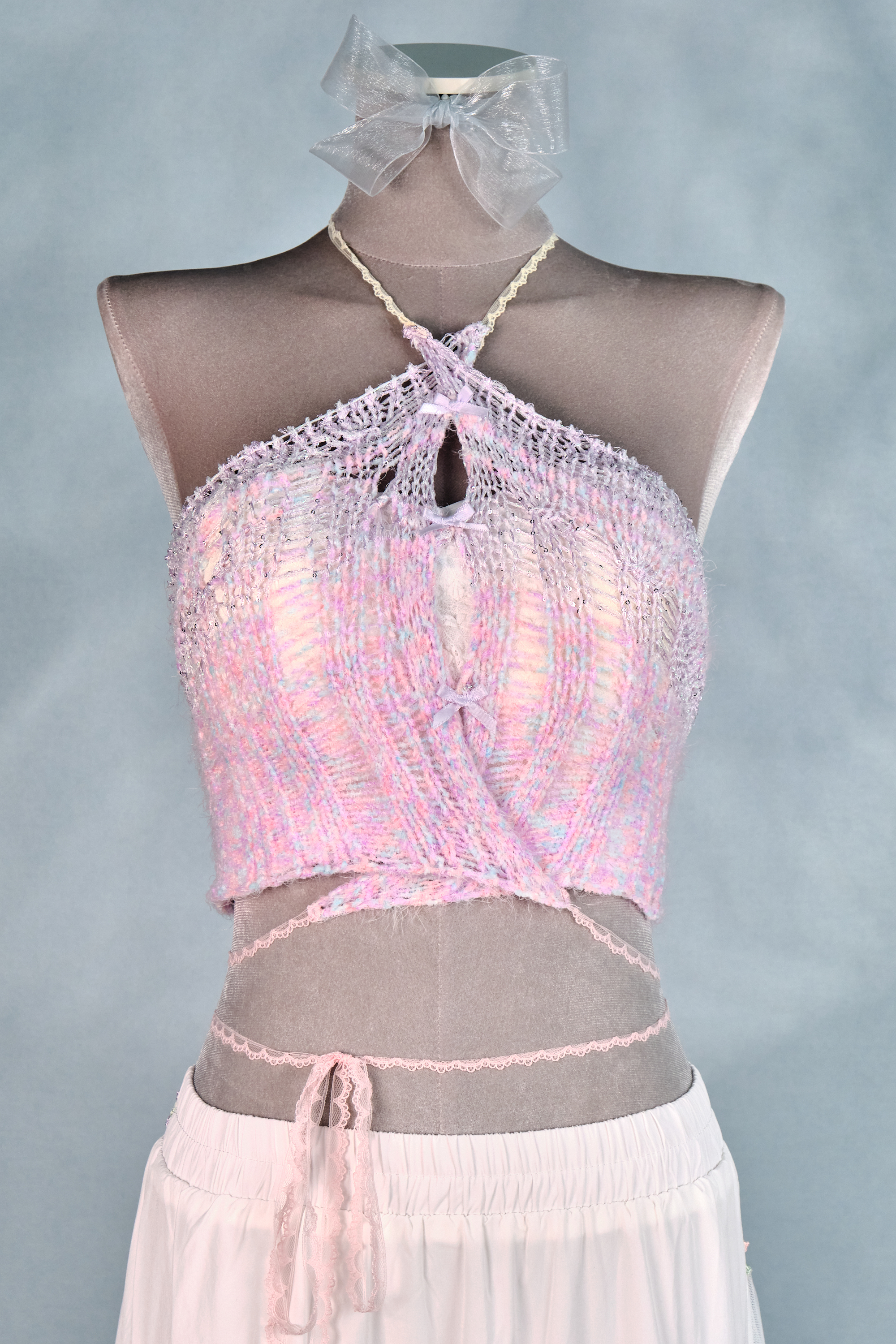 12434 Fully Hand-Knitted Cross-Neck Hollow-Out Top